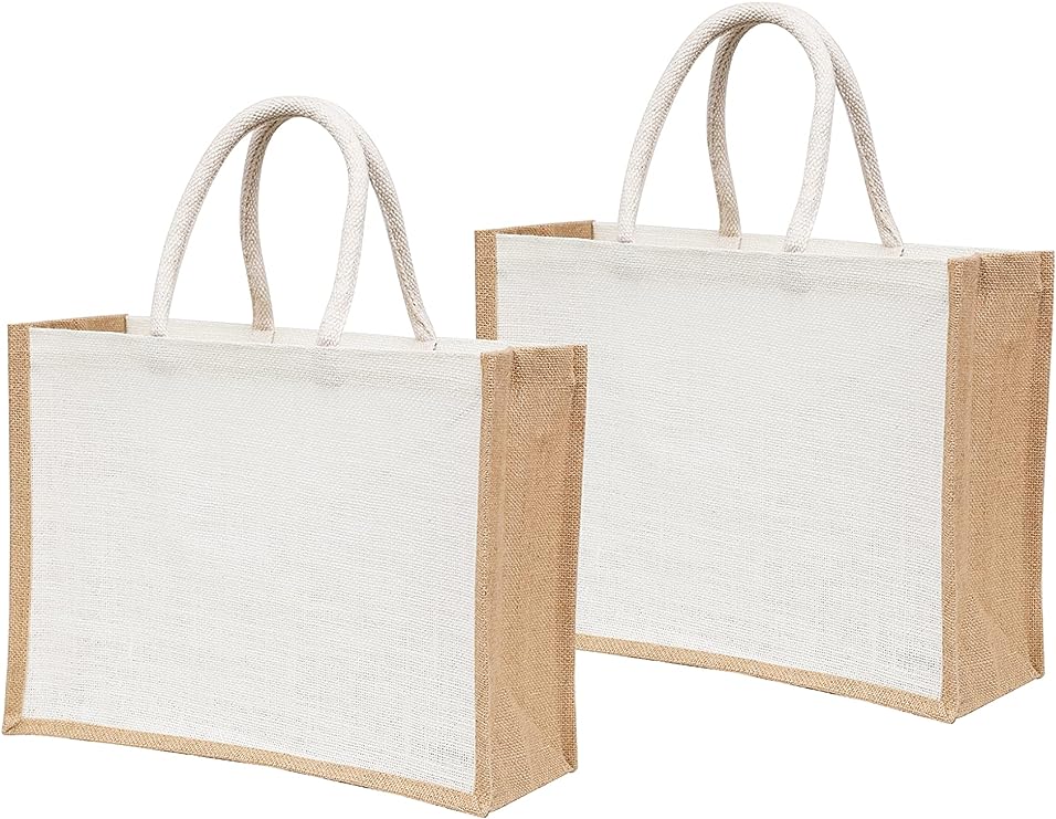 White Jute Burlap Tote Bags with Handle | 100% Natural Eco-friendly Reusable Grocery Bag | Totes for Bridesmaids|Yogi's Gift® (Pack of 2)