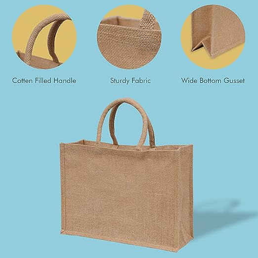 Jute Burlap Tote Bags with Handle | Natural Eco-friendly Reusable Grocery Bag | Totes for bridesmaids | By Yogi's Gift® (Pack of 10)