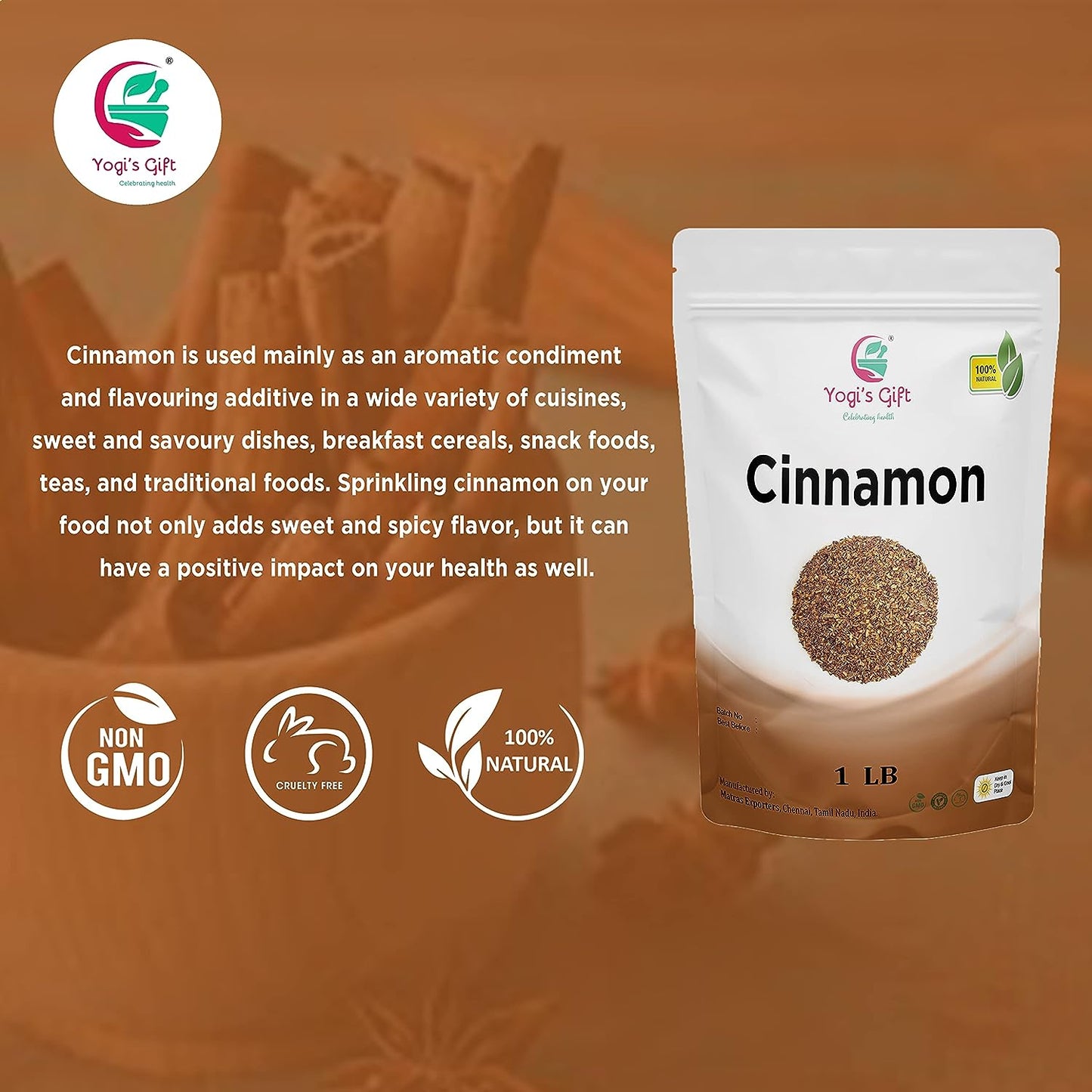 Crushed Cinnamon Bark 1 LB | Bulk Cinnamon Stick Pieces/Chips For Tea, Cooking | Rich Aroma and Great Flavour | Premium Grade Cinnamon by Yogi's Gift®