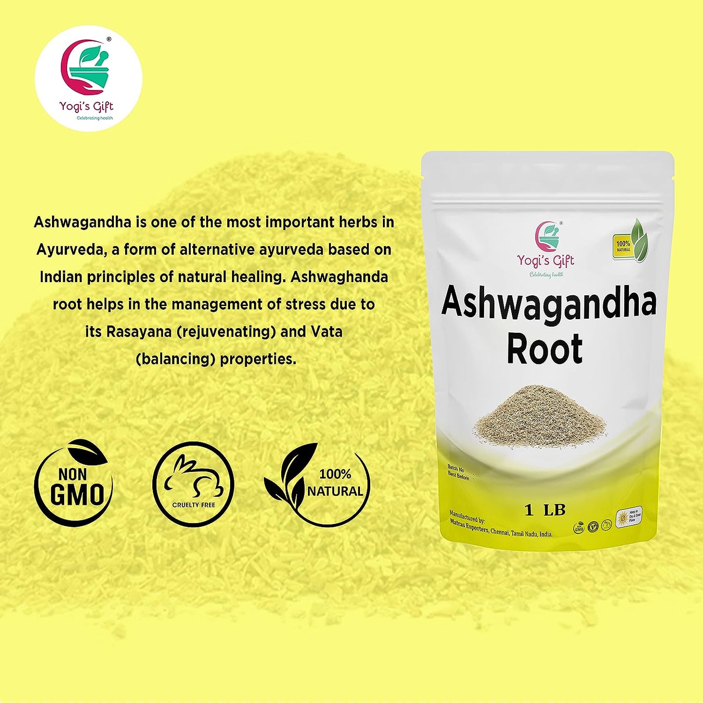 Ashwagandha Root 1lb | Dried Ashwagandha Herb | 100% Naturally Dried | Withania Somnifera | Best Particle Size For Making Tea | by Yogi's Gift®