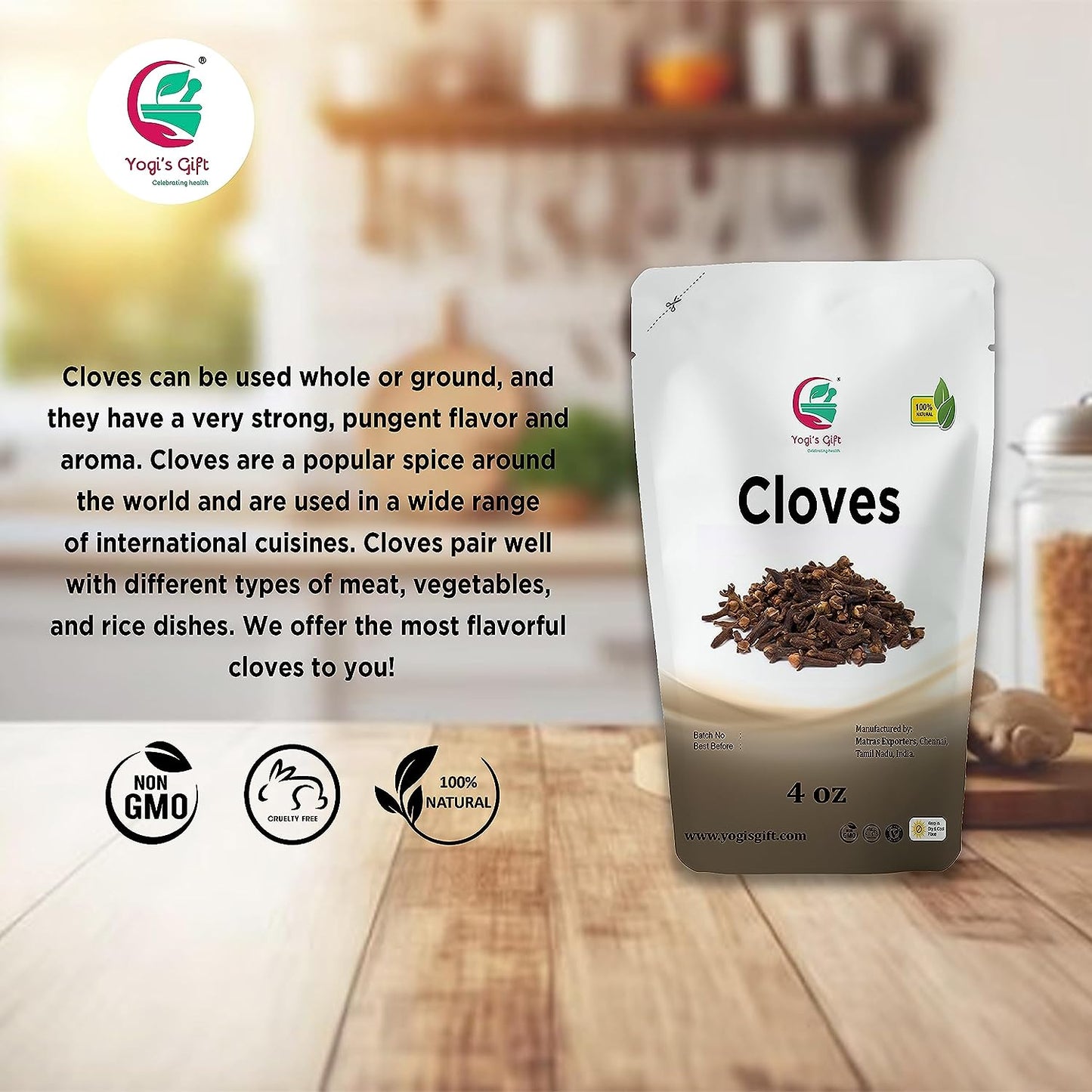 Cloves Whole 4 Oz | Fresh and Flavorful Hot Spice for Tea, Chai, Savory, Desserts and More | Whole Cloves for Oral Health | by Yogi’s Gift®