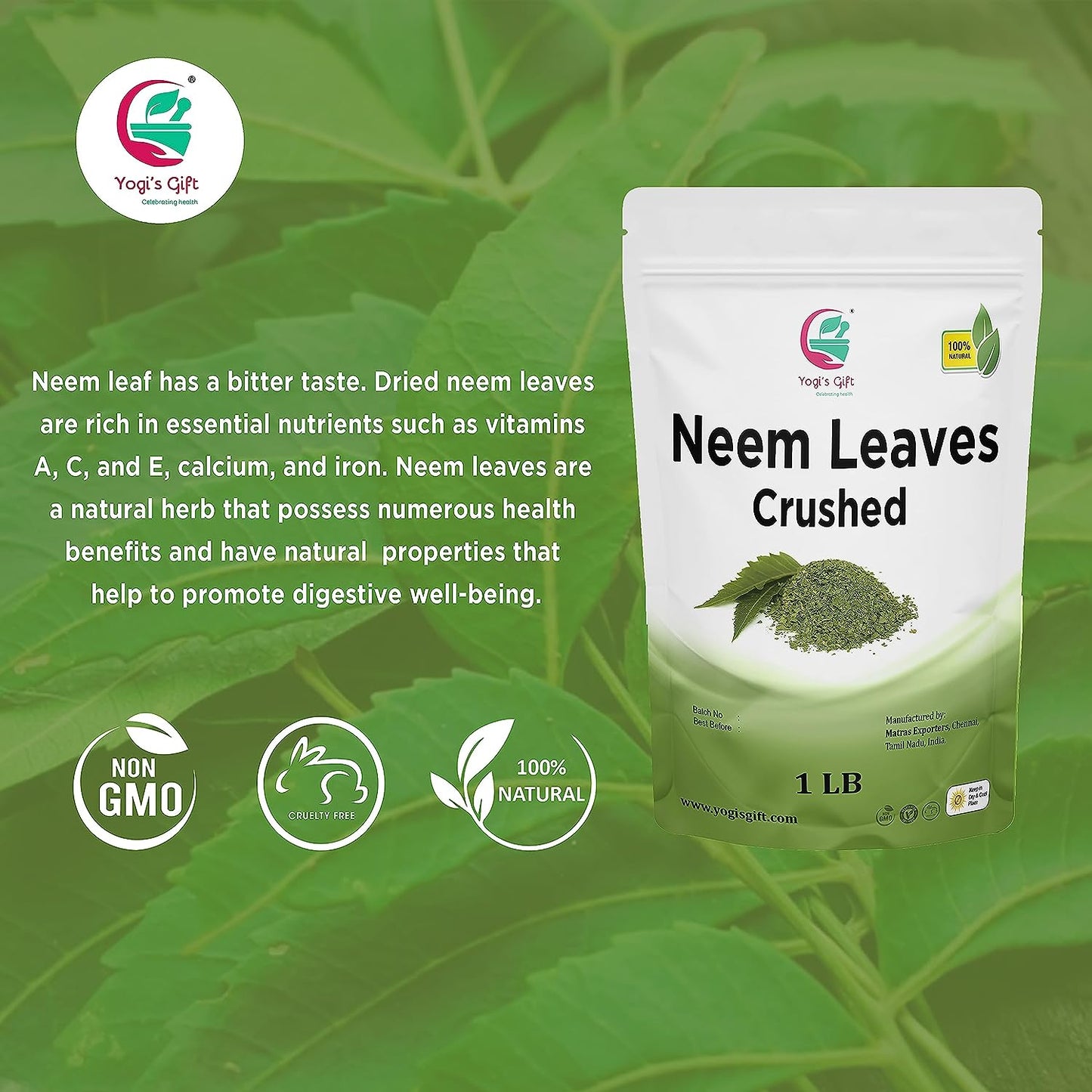 Neem Leaf 1 LB | 100% Natural Detox Neem Tea | Crushed Neem Leaves | Azadirachta Indica Leaf | Margosa Leaves | Non-GMO, Gluten Free | Nim Leaves | by Yogi's Gift®