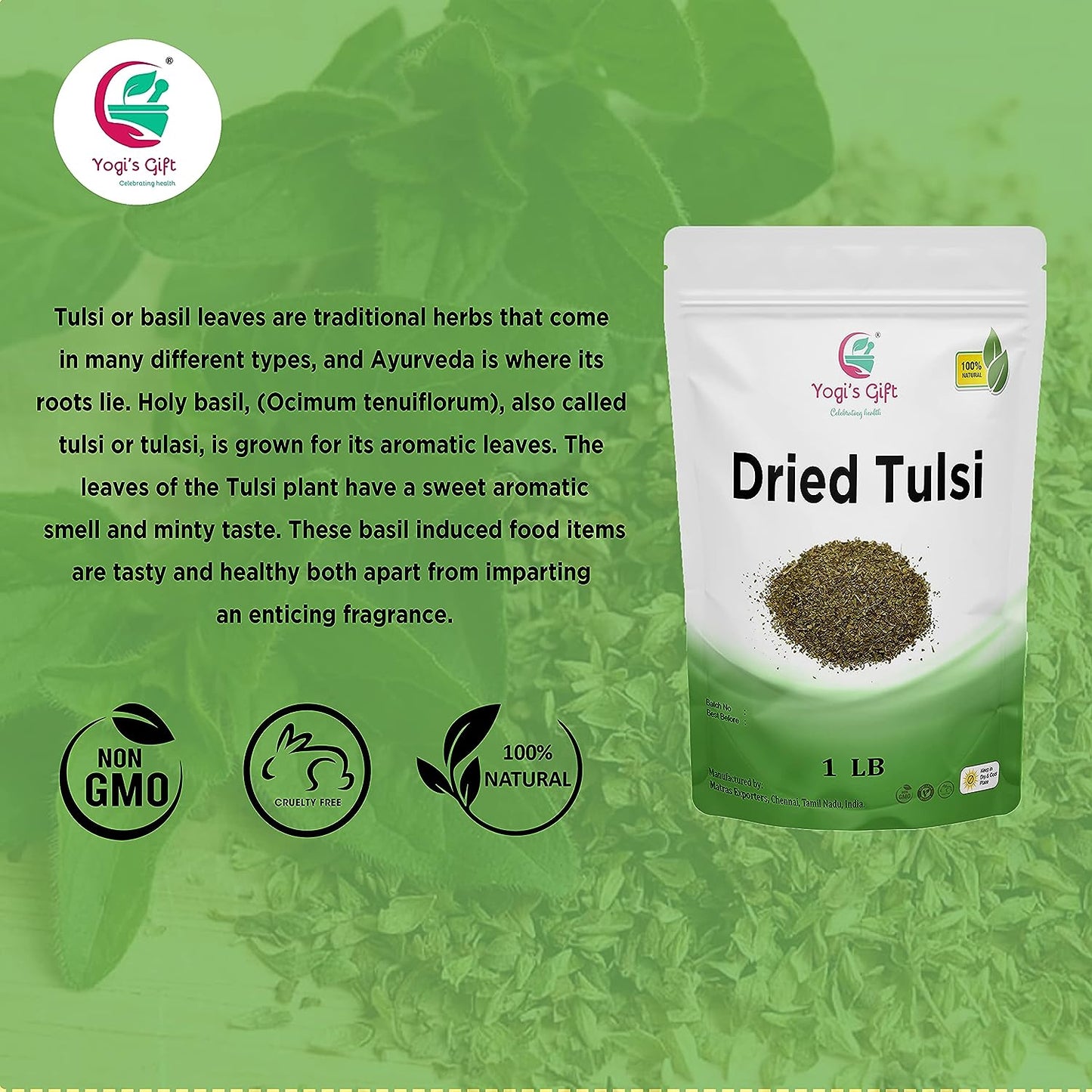 Dried Tulsi | Holy Basil Leaf Tea 1 LB | Relaxing and Calming Tea | 100% Natural | by Yogi's Gift®