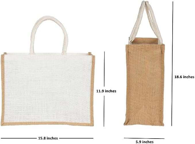 White Jute Burlap Tote Bags with Handle | 100% Natural Eco-friendly Reusable Grocery Bag | Totes for Bridesmaids|Yogi's Gift® (Pack of 2)