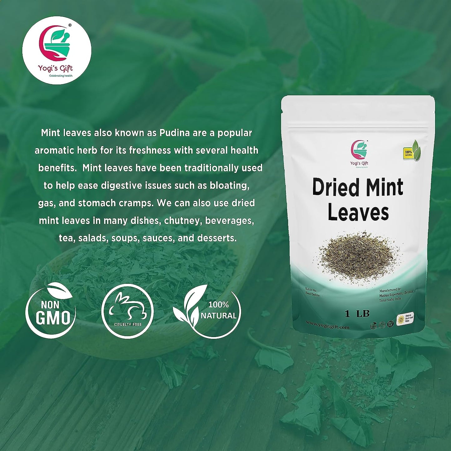 Dried Mint Leaves 1 LB | Peppermint Leaves For Tea & Savoury | Non-GMO, Gluten Free, Cut & Sifted | Bulk Tea Loose Leaf - Yogi’s Gift®