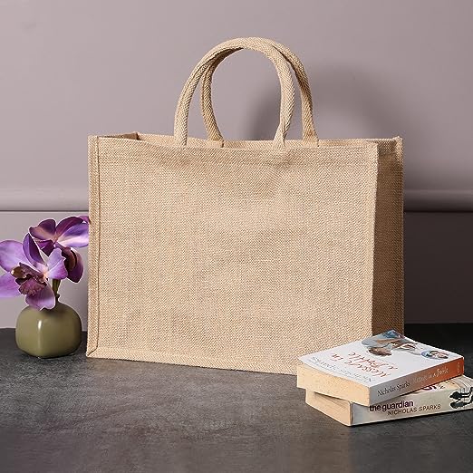 Jute Burlap Tote Bags with Handle | Natural Eco-friendly Reusable Grocery Bag | Totes for bridesmaids | By Yogi's Gift® (Pack of 5)