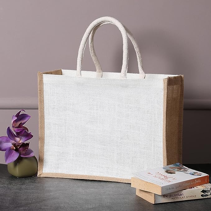 White Jute Burlap Tote Bags with Handle | 100% Natural Eco-friendly Reusable Grocery Bag | Totes for Bridesmaids|Yogi's Gift® (Pack of 2)