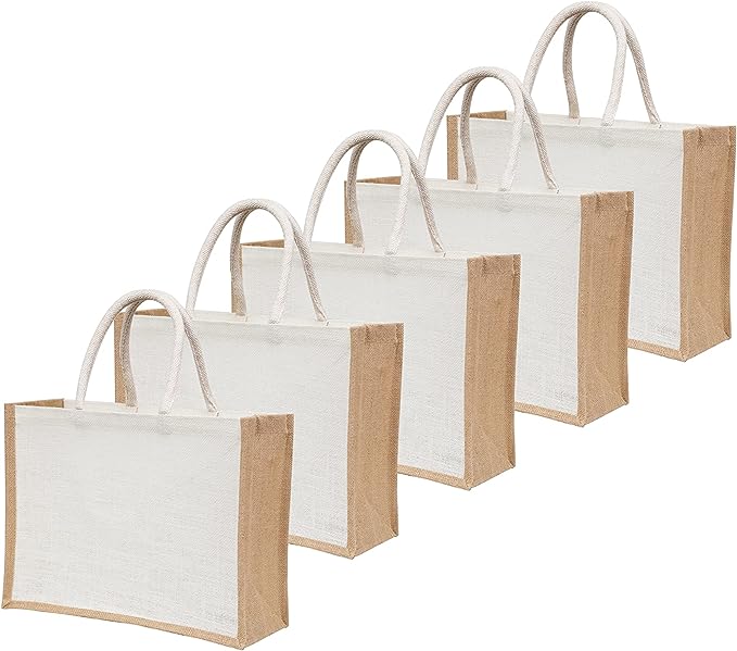 White Jute Burlap Tote Bags with Handle | 100% Natural Eco-friendly Reusable Grocery Bag | Totes for Bridesmaids|Yogi's Gift® (Pack of 5)