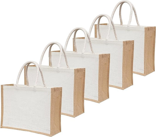 White Jute Burlap Tote Bags with Handle | 100% Natural Eco-friendly Reusable Grocery Bag | Totes for Bridesmaids|Yogi's Gift® (Pack of 5)