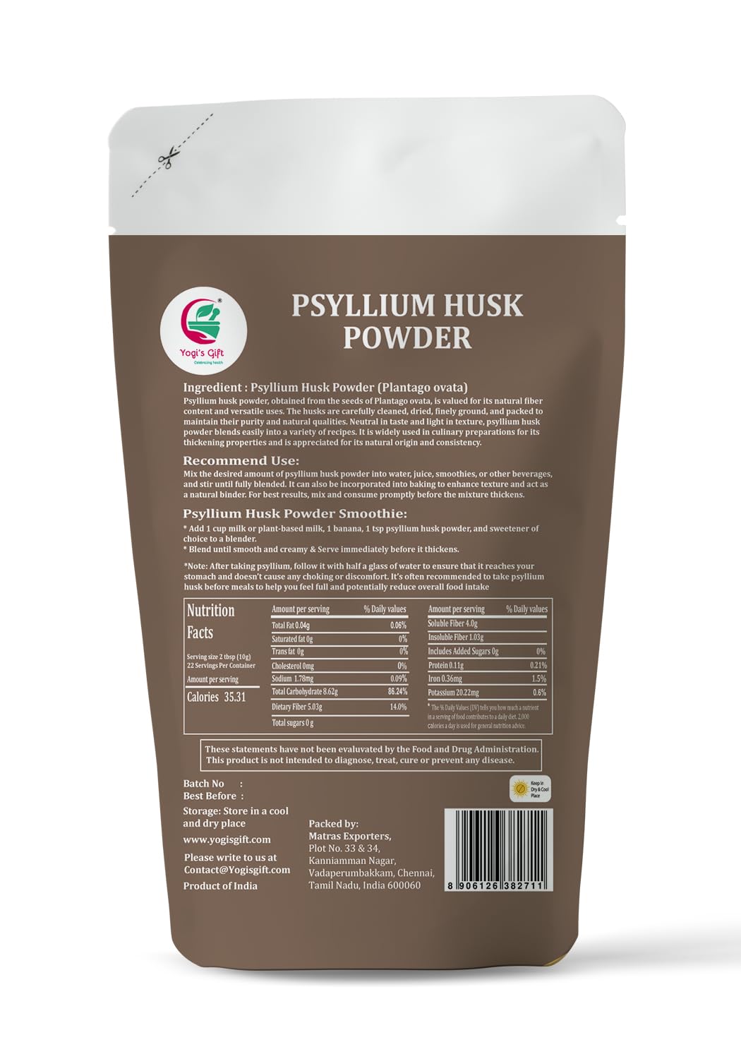 Psyllium Husk Powder 8 oz for Baking, Smoothies & Daily Use – Fine Ground Psyllium Powder / Isabgol – Natural Psyllium Fiber by Yogi’s Gift®