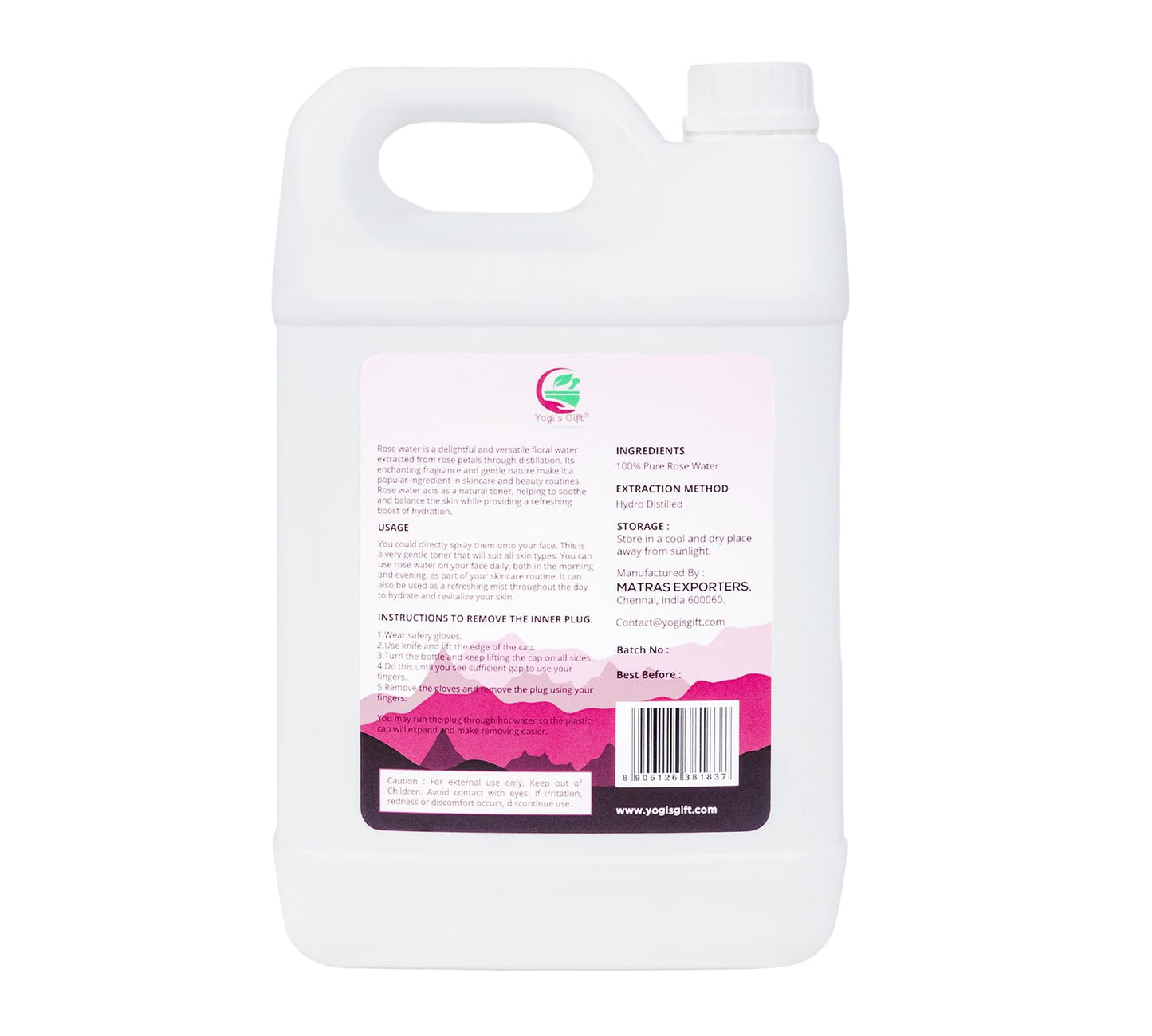 100% Pure Rose Water 1 Gallon (128 fl oz)  | For Face & Hair | Alcohol Free & Artificial Coloring Free | by Yogi's Gift®