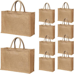Jute Burlap Tote Bags with Handle | Natural Eco-friendly Reusable Grocery Bag | Totes for bridesmaids | By Yogi's Gift® (Pack of 10)