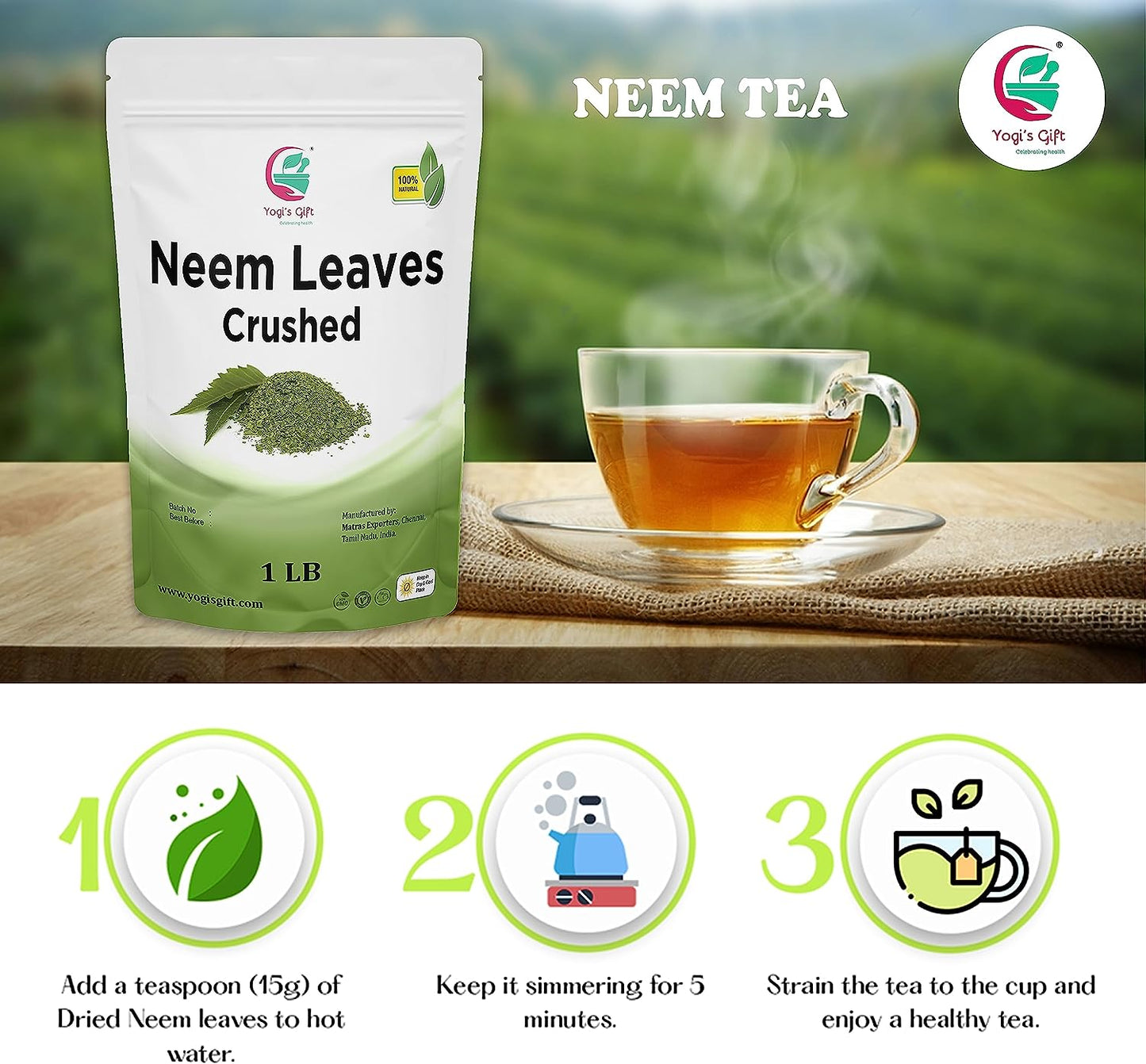 Neem Leaf 1 LB | 100% Natural Detox Neem Tea | Crushed Neem Leaves | Azadirachta Indica Leaf | Margosa Leaves | Non-GMO, Gluten Free | Nim Leaves | by Yogi's Gift®