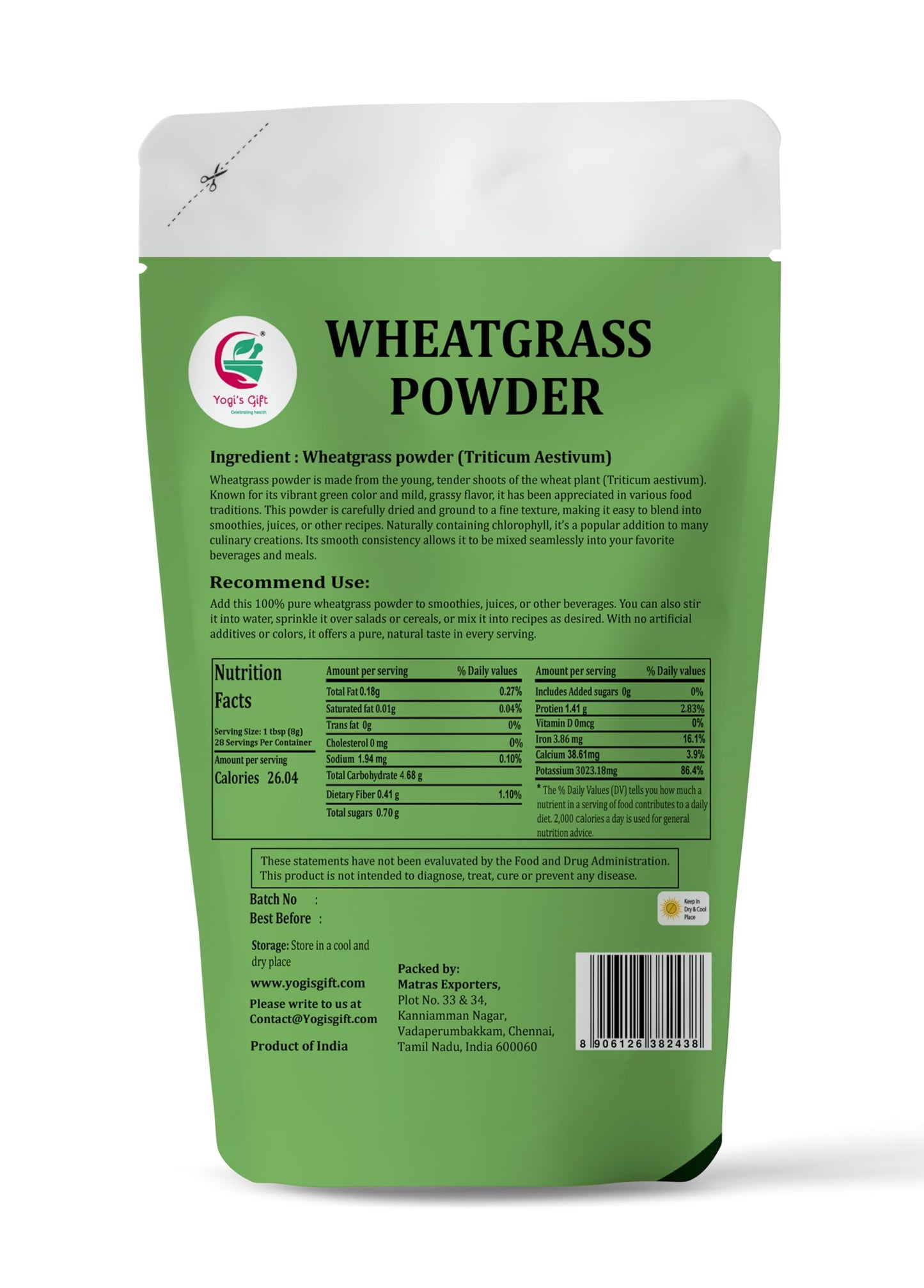 Yogis Gift Wheatgrass Powder 8 oz,  Pure & Natural Wheat Grass Powder, Finely Ground Wheatgrass for Juices, Smoothies & Health Drinks