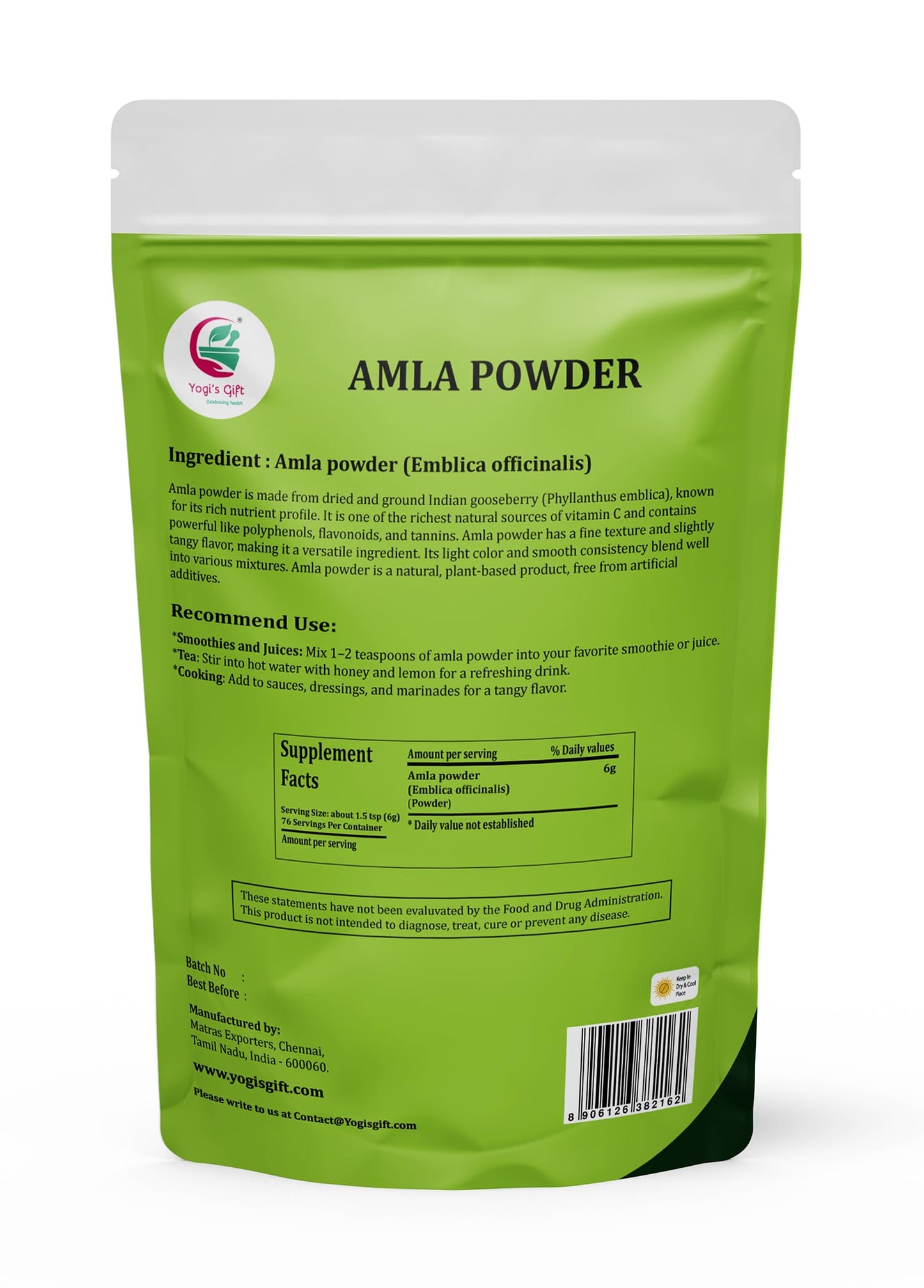 Amla Powder 1 LB, Finely Ground Raw Powder for Smoothies & Recipes, 100% Pure Indian Gooseberry powder, Resealable Bag for Freshness - By Yogi’s Gift®