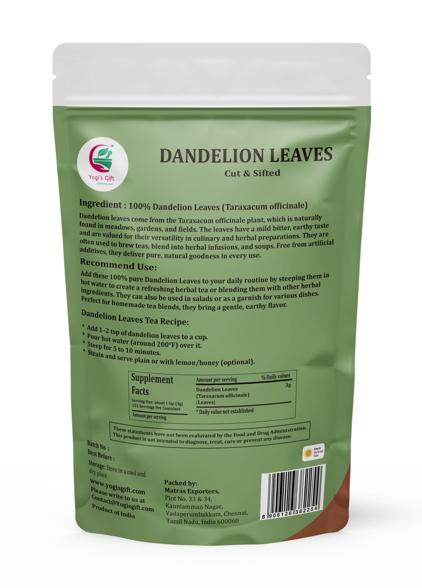 Dandelion Leaves Cut And Sifted 1 LB,100% Natural & Pure, Ideal for Dandelion Tea, Herbal Blends & Wellness Uses, 1 LB Bulk Pack, Resealable Bag for Freshness - By Yogi’s Gift®