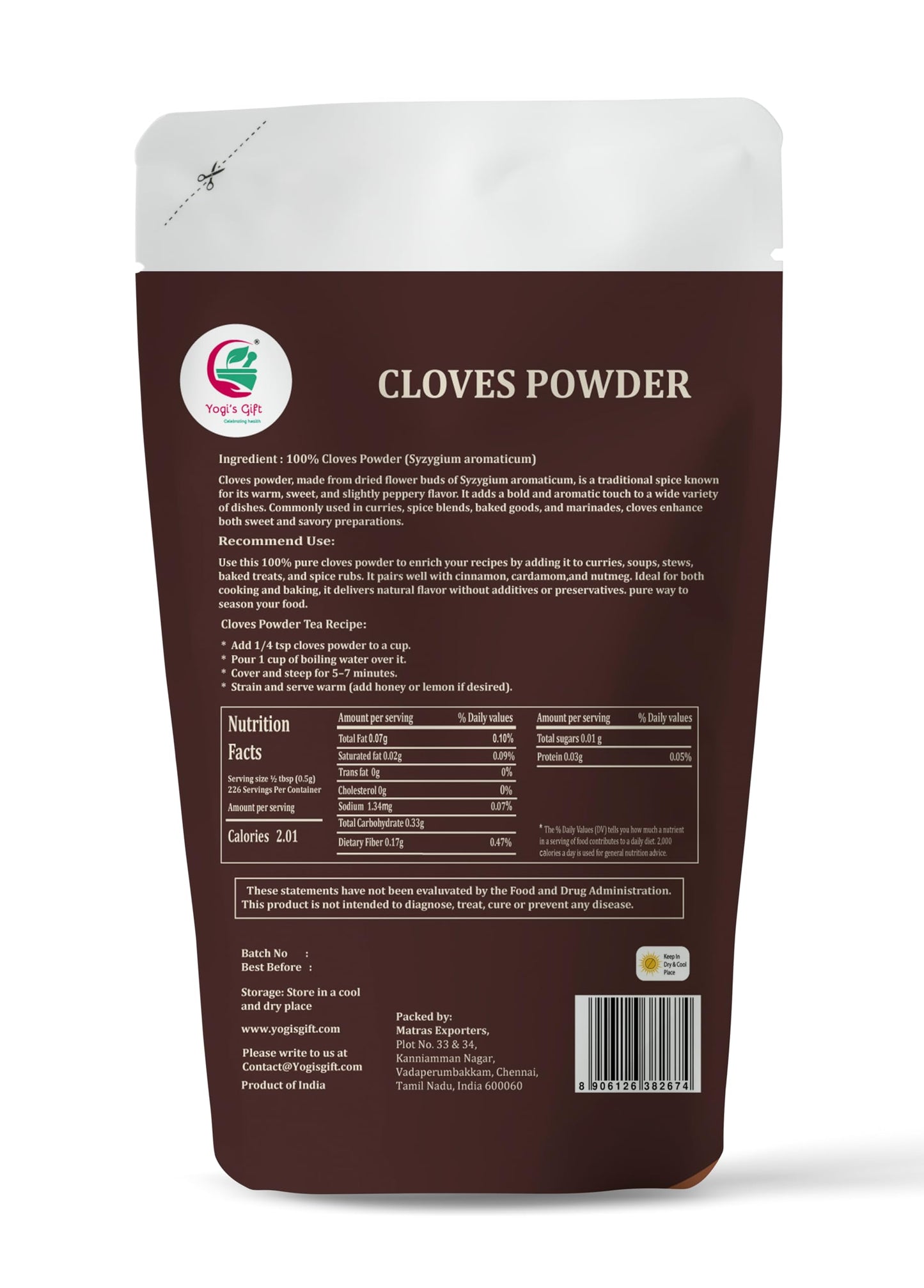 Clove Powder 4 oz – Ground Cloves Spice for Cooking, Baking & Tea – 100% Pure and Natural Cloves Powder – Finely Ground Clove for Rich Aroma & Flavor – By Yogi’s Gift®