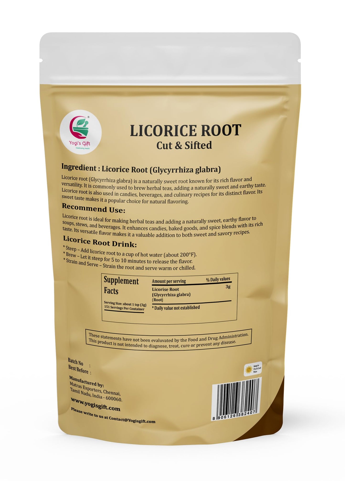 Licorice Root 1 LB, Cut and Sifted, 100% Pure & Natural Dried Licorice Root, Premium Quality, Ideal for Tea, Herbal Blends, and Wellness Uses - By Yogi’s Gift®