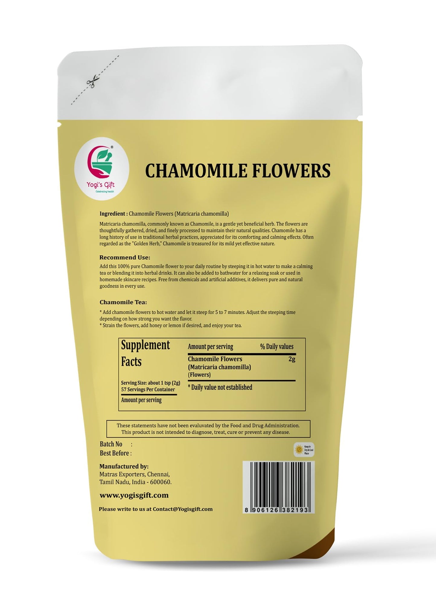 Chamomile Flowers 4 oz , 100% Natural Loose Leaf Chamomile Tea , Whole Dried Flowers for Herbal Tea , Resealable Bag for Freshness - By Yogi’s Gift®