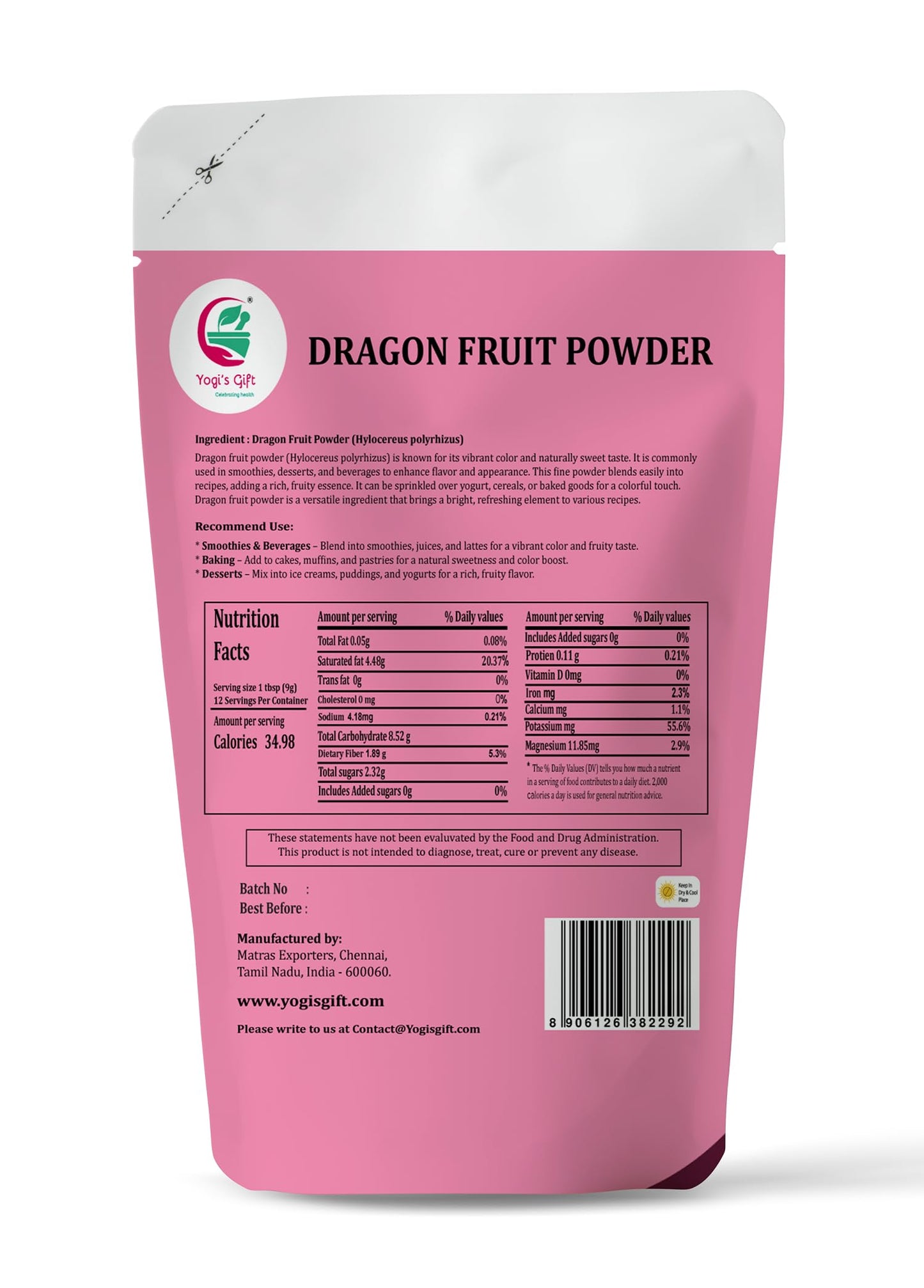 Dragon Fruit Powder 4oz, 100% Pure & Natural Pink Pitaya Powder, Premium Quality, For Smoothies, Baking, Tea, Natural Food Coloring and Flavoring - By Yogi’s Gift®