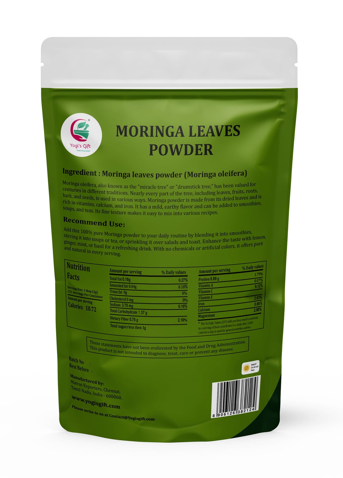 Moringa Powder 1 LB, 100% Pure & Natural Moringa Leaf Powder, Premium Quality for Smoothies & Tea, Resealable Bag for Freshness - By Yogi’s Gift®