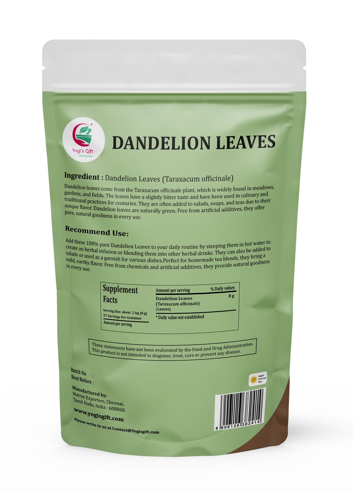Dandelion Leaves 1 LB, 100% Natural & Pure, Ideal for Dandelion Tea, Herbal Blends & Wellness Uses, 1 LB Bulk Pack, Resealable Bag for Freshness - By Yogi’s Gift®
