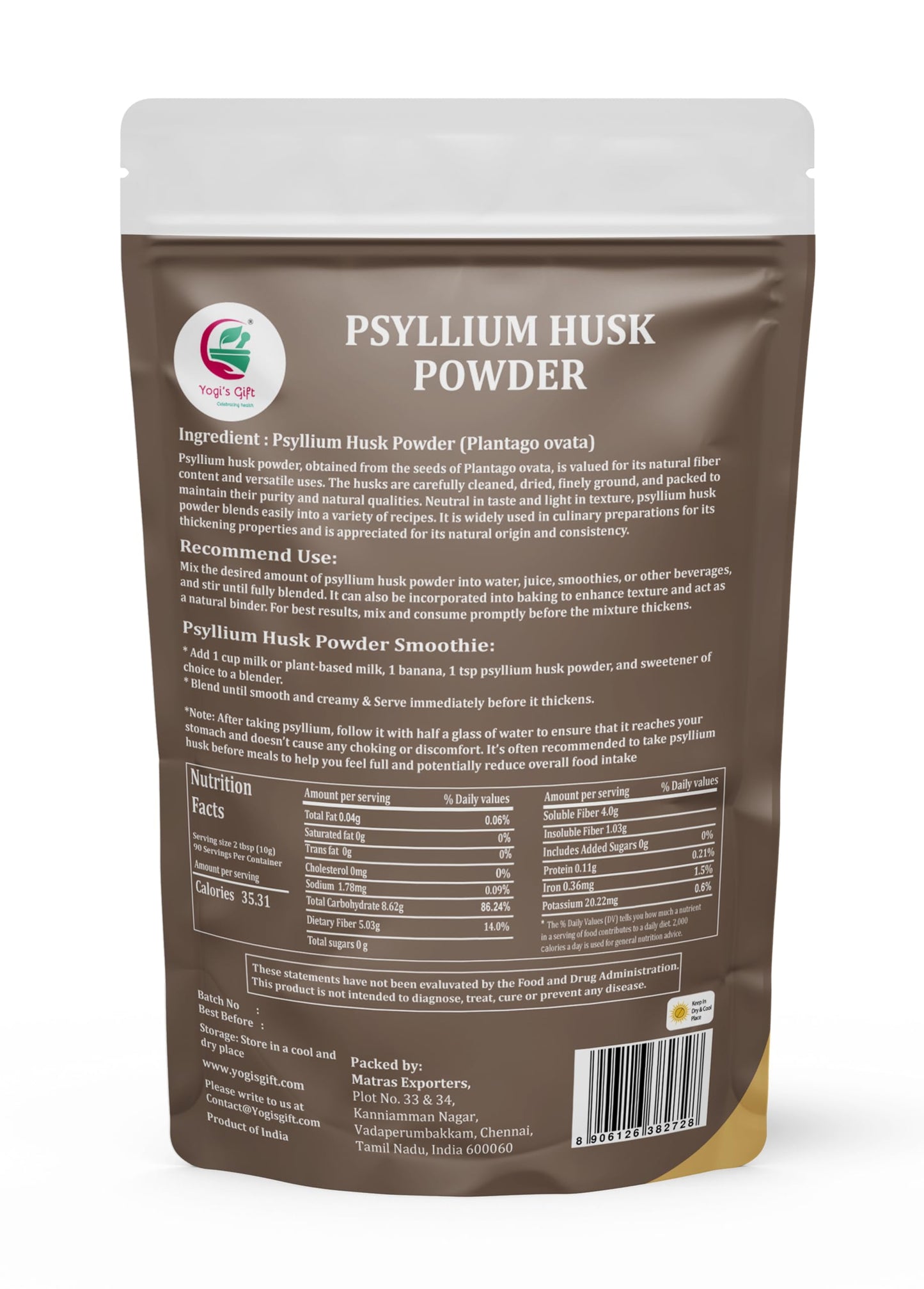Psyllium Husk Powder 2 LB for Baking, Smoothies & Daily Use – Fine Ground Psyllium Powder / Isabgol – Natural Psyllium Fiber by Yogi’s Gift®