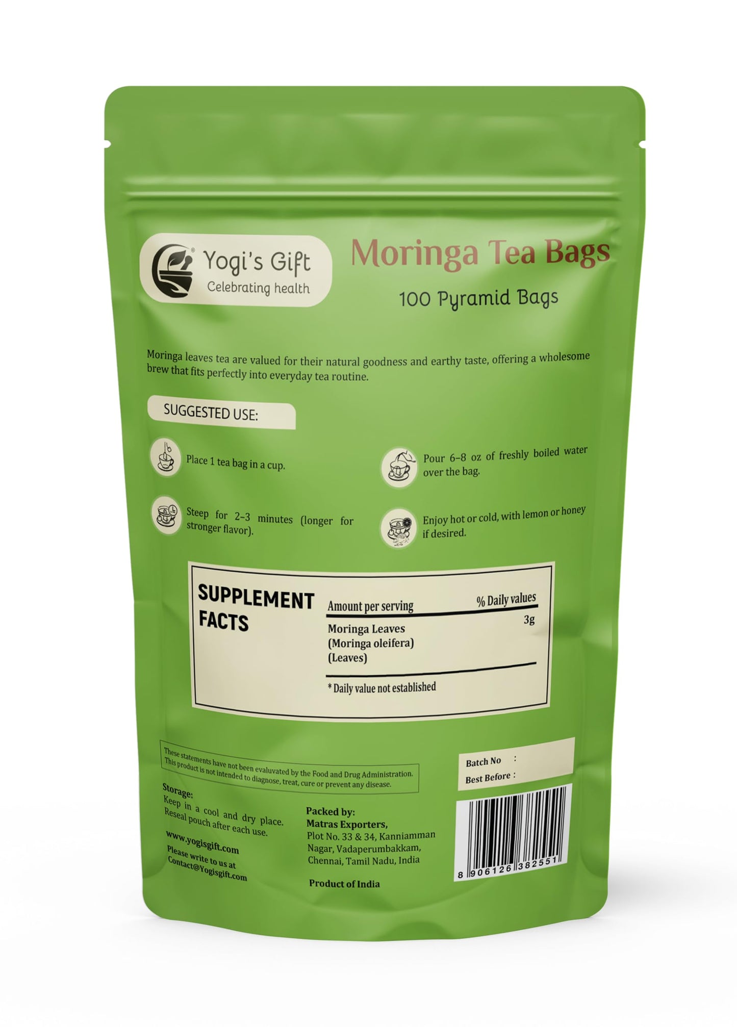 Moringa Tea – 100 Count Pyramid Tea Bags – Premium And Pure moringa teabags with a Smooth, Earthy Herbal Taste – By Yogi’s Gift®