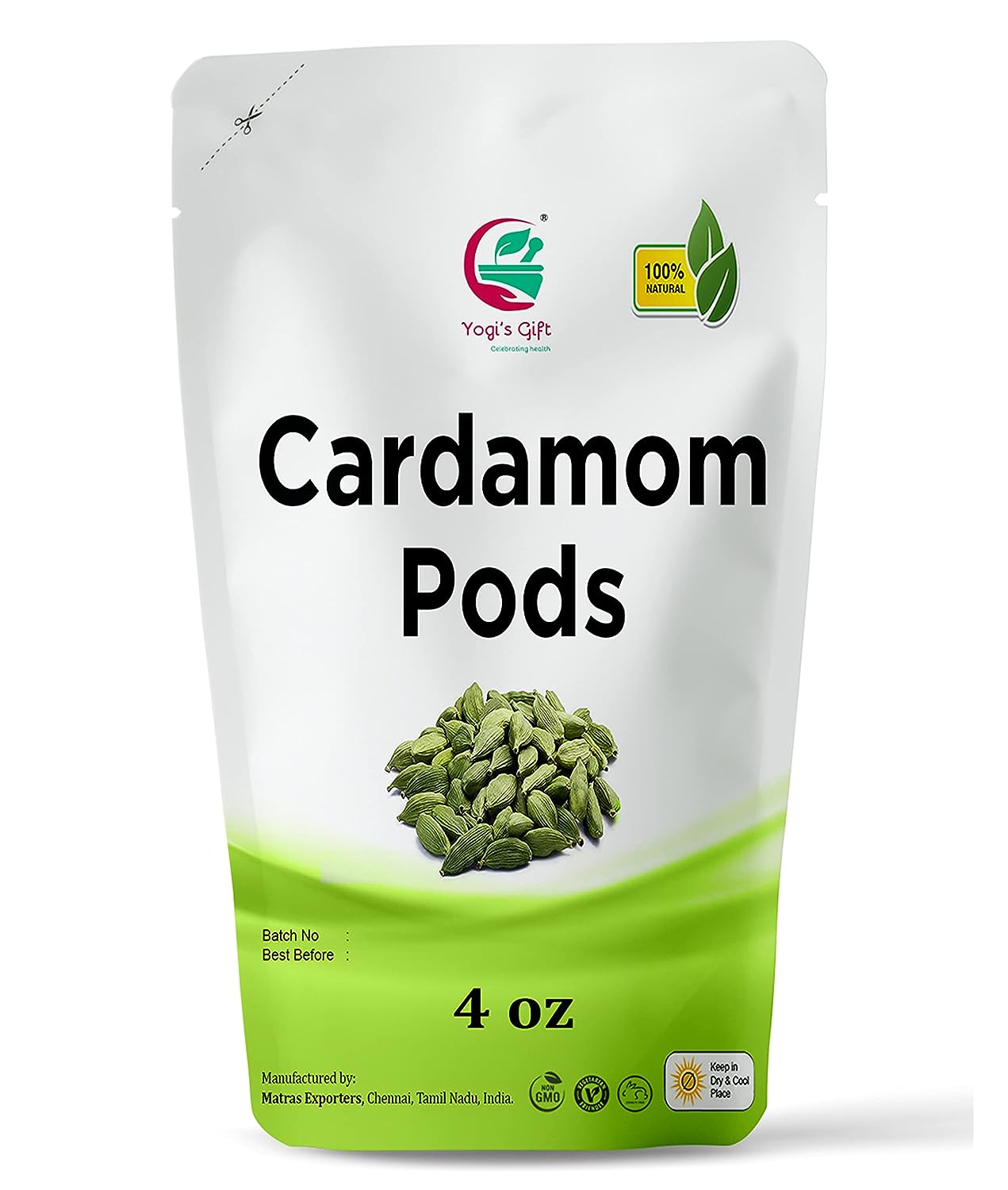 Green Cardamom Pods Whole | Cardamon 4 Oz | Flavourful Indian Spice | Fresh and Natural | Great for Coffee, Tea, Desserts and Baking | By Yogi's Gift®