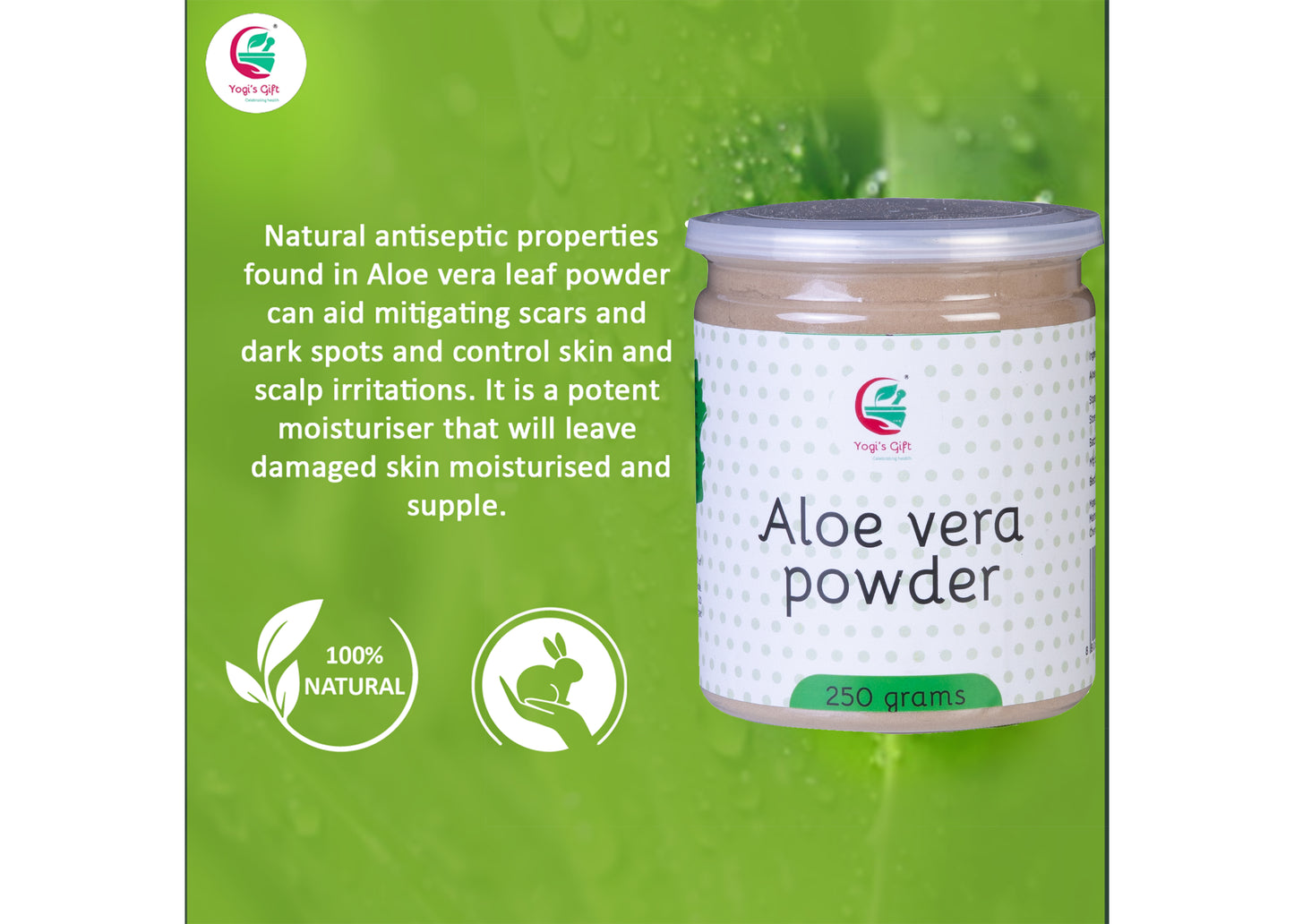 Aloe vera powder | 250 grams | Moisturizing face mask ingredient for dry skin | Hair mask ingredient for Hair growth | Made from Pure & Organically Cultivated Aloevera | by Yogi’s Gift®