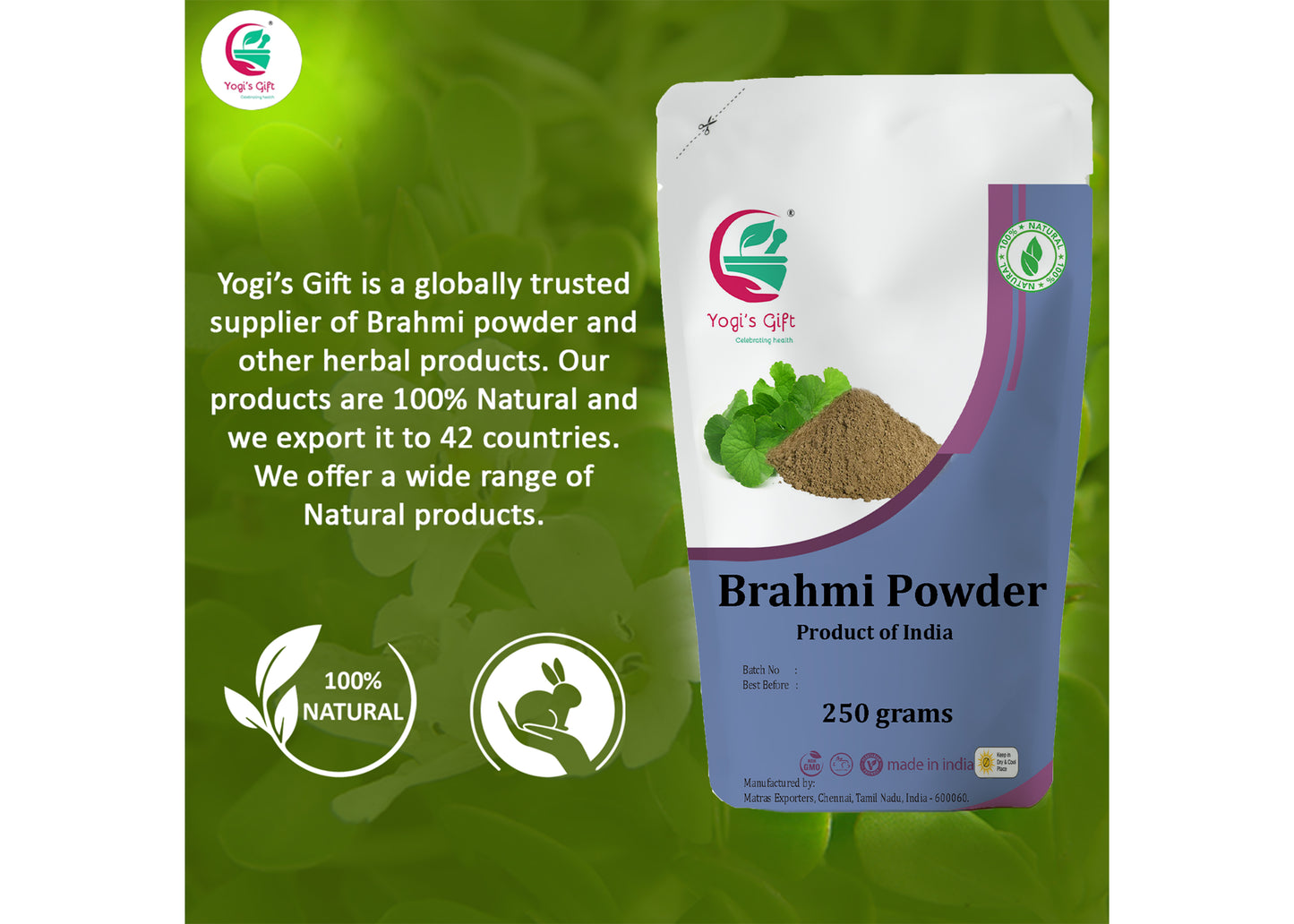 Brahmi Powder 250 grams | Natural Hair Growth Booster & Volumizer | Helps Improve Memory | Make Scalp Nourishing Mask | Bacopa Monnieri powder | by Yogi's Gift®