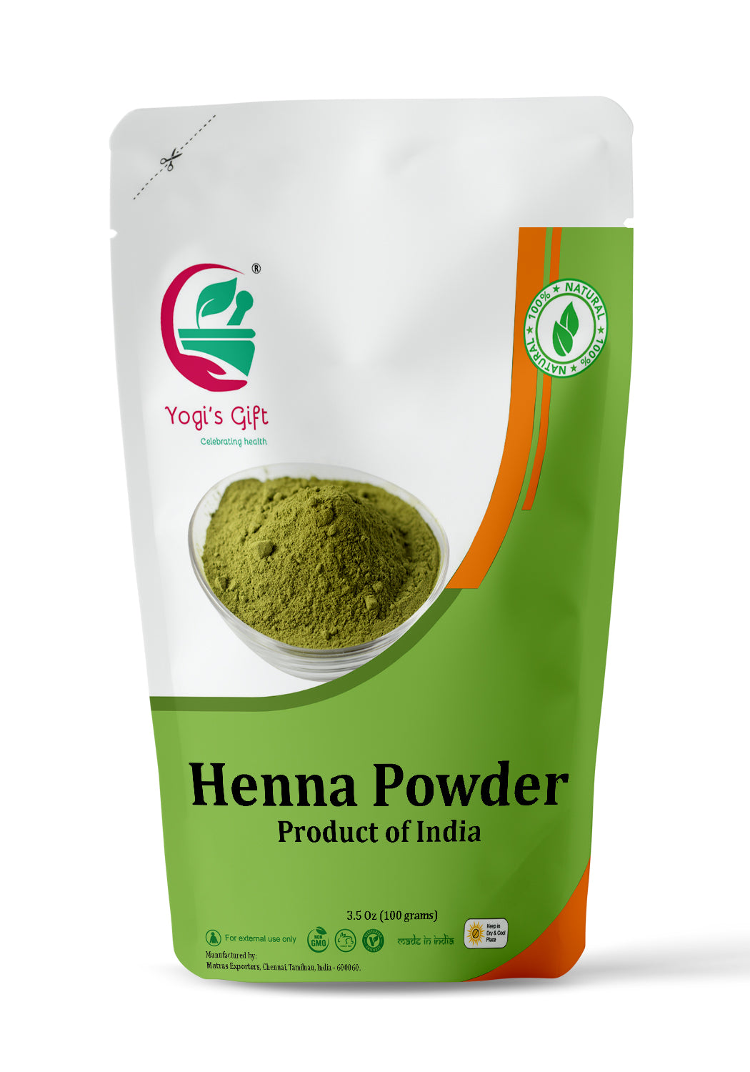 Yogi’s Gift Organic Henna Powder | 100% Natural Henna hair dye | Lawsonia Inermis | 100 gm (3.5 Oz) | No artificial coloring