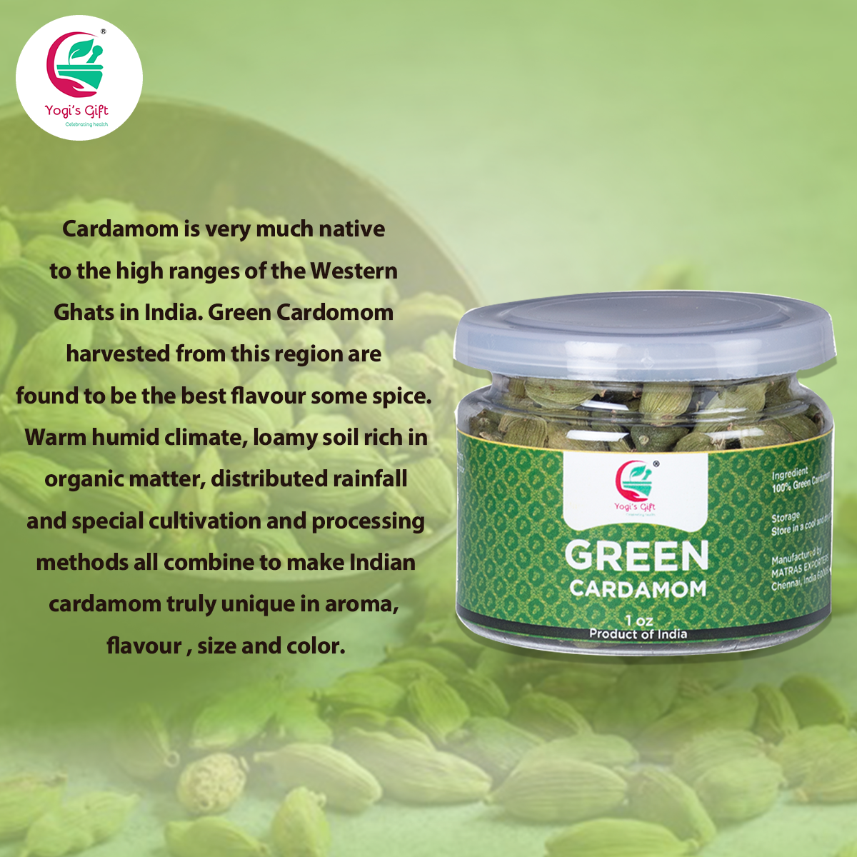 Green Cardamom Pods Whole | 1 oz | Flavourful Indian Spice | Semillas de Cardamomo | Yogi's Gift®