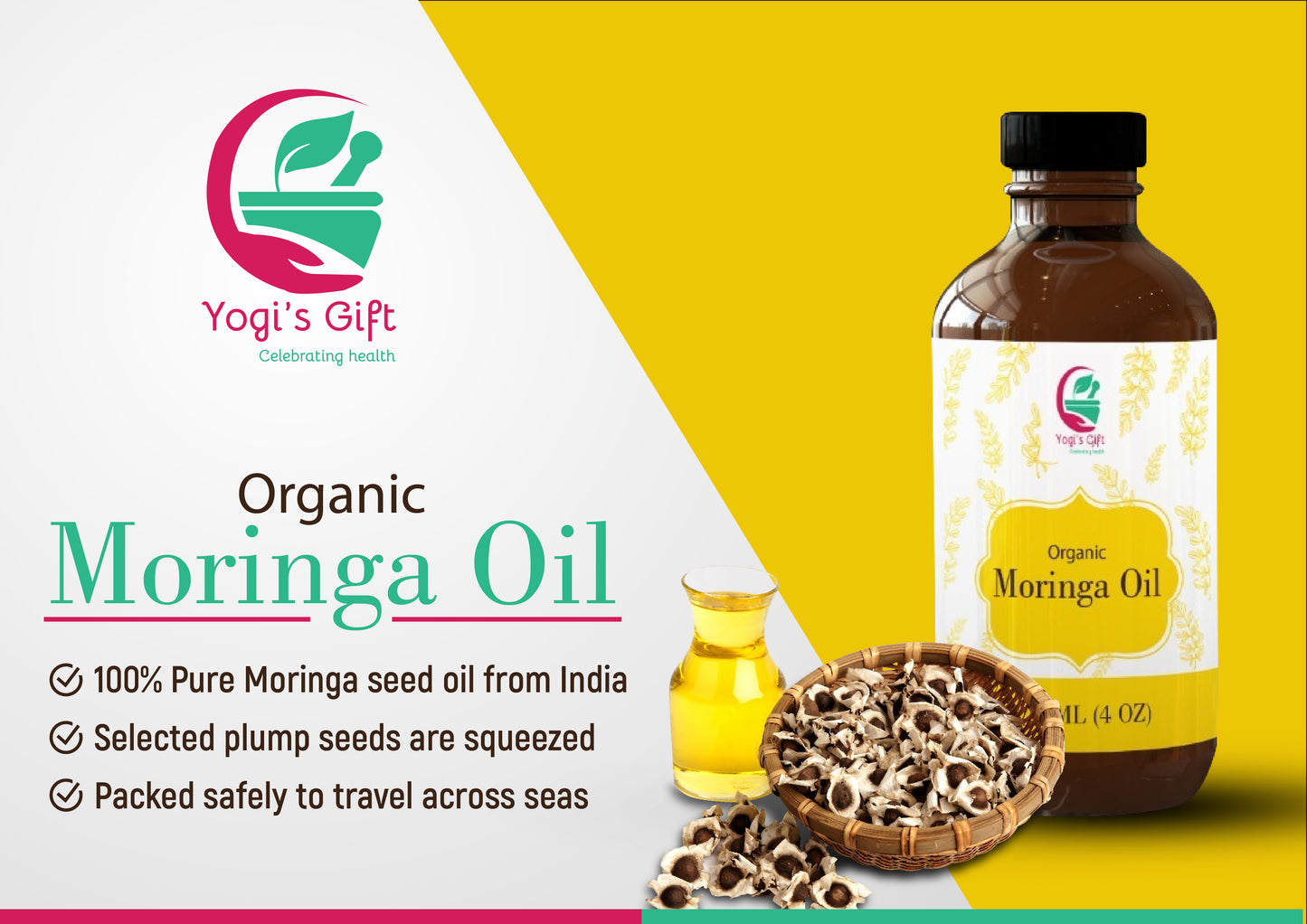 MORINGA OIL / 120ml |100% Pure & Organic Anti Aging Oil | Natural Moisturizer for Face, Skin, Hair and Nails |High and Fast absorption on your skin | by Yogi's Gift ®