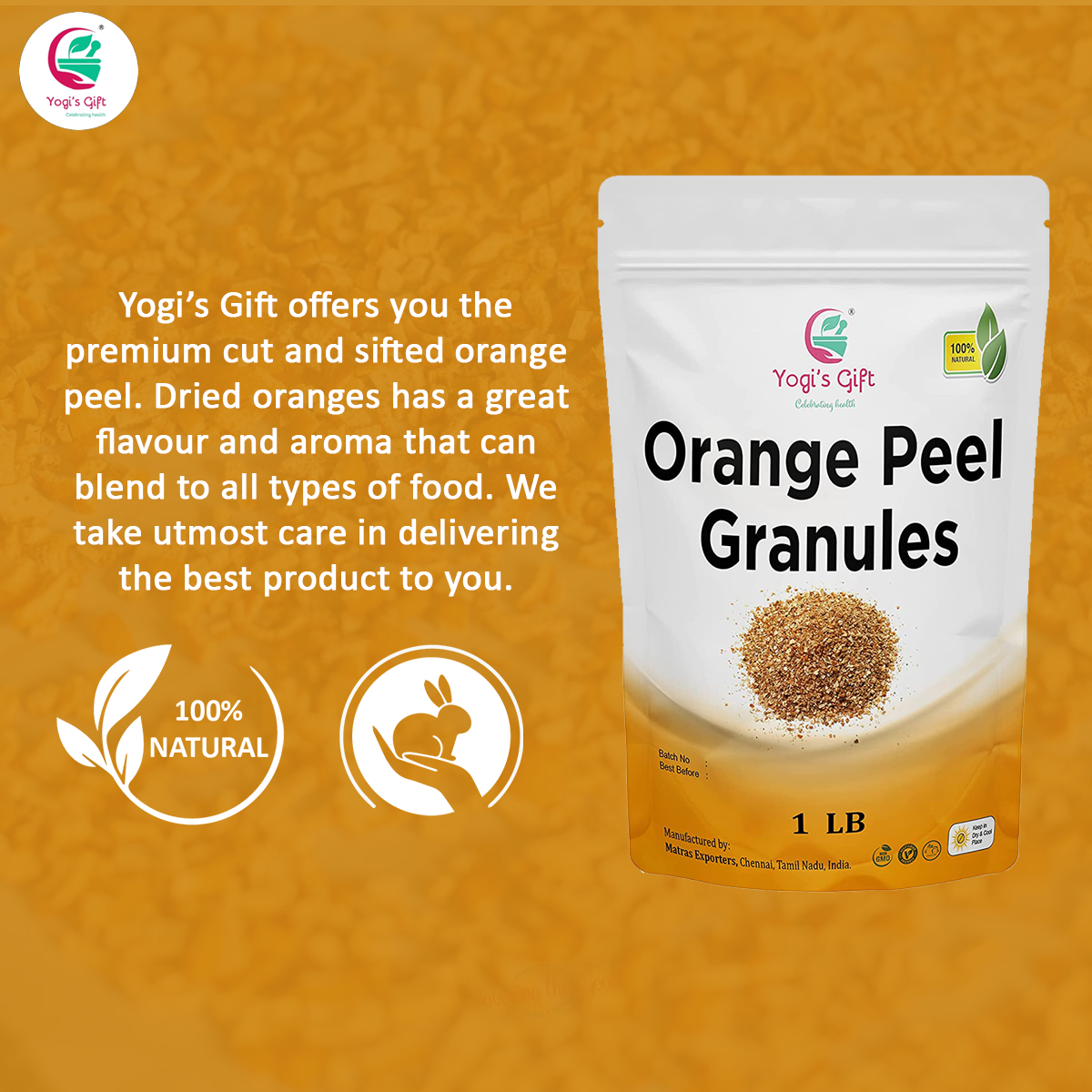 Dried Orange Peel 1 LB | Rich Citrus Aroma and Flavour | Small Granules | Perfect for Tea, Cookies, Rye Breads, Seasoning & More | Yogi's Gift®