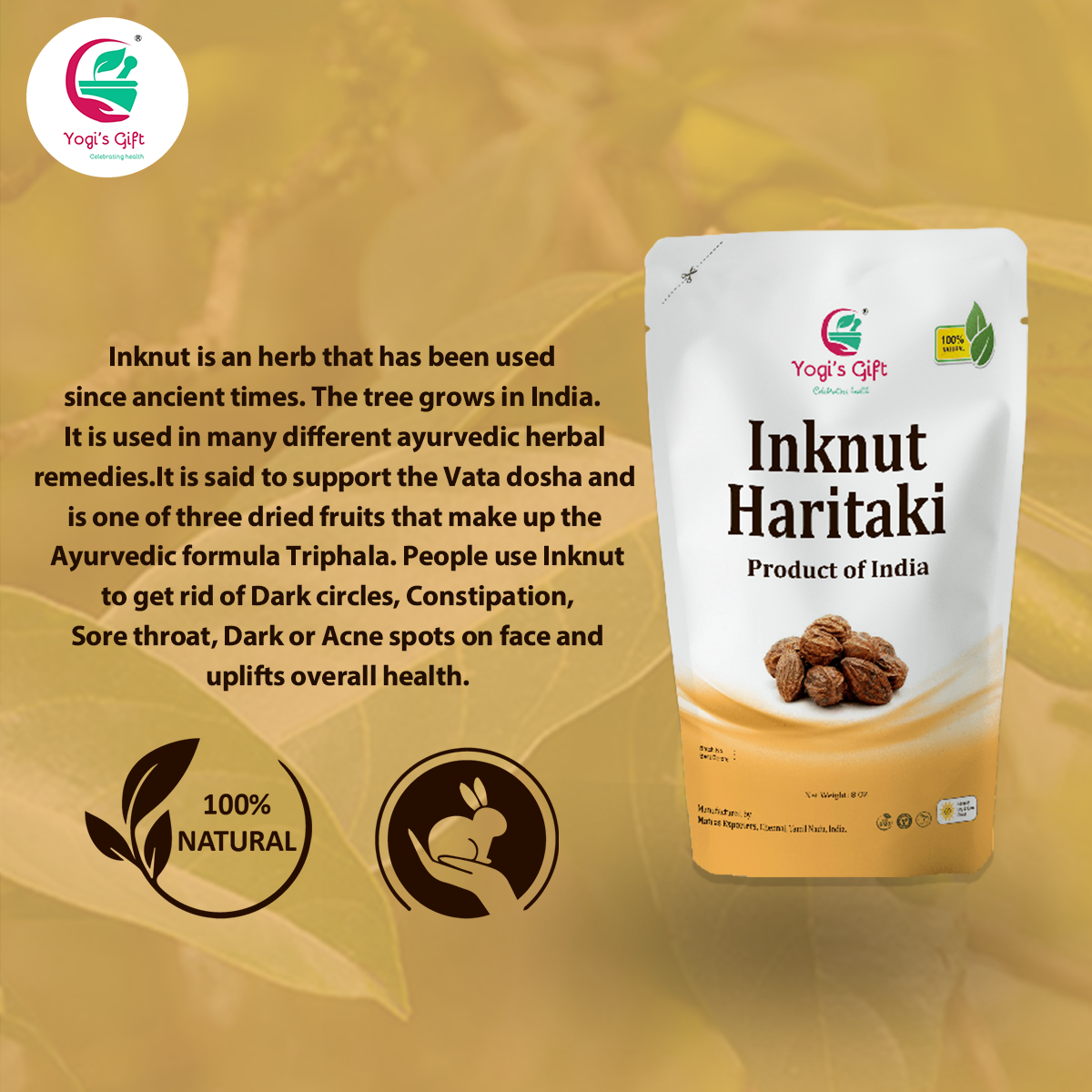 Haritaki / Inknut for Dark Circles | 8 Ounce | 100% Naturally Dried Whole herb | Terminalia chebula | Yogi's Gift®