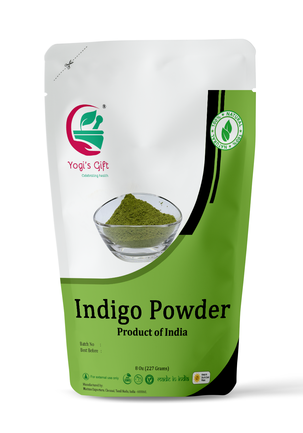 Indigo Powder for Hair Dye 8 oz | With FREE GLOVES and HEAD CAP| Ideal for Black and Dark Hair | Indigofera Tinctoria | Black Henna | Yogi's Gift®