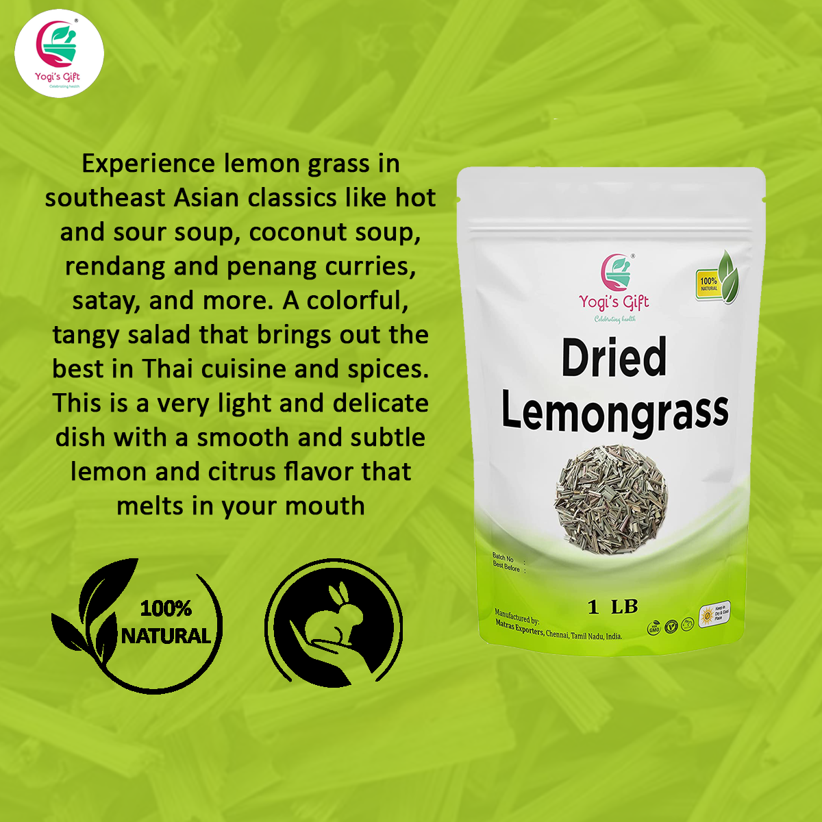 Dried Lemongrass Tea 1 LB | Cut and Sifted Loose Leaf | Aroma Rich Lemon Grass | Yogi's Gift®