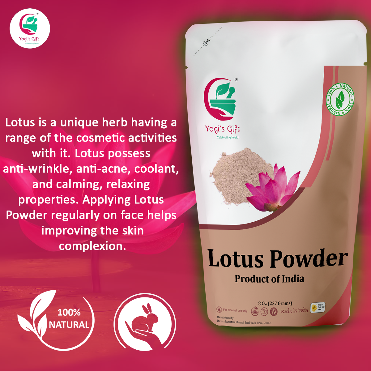 Lotus Flower Powder  8oz | Nelumbo Nucifera | 100% Pure & Natural Lotus Petals Powder for Hair & Skin | Ayurvedic Cosmetics | Yogi's Gift®