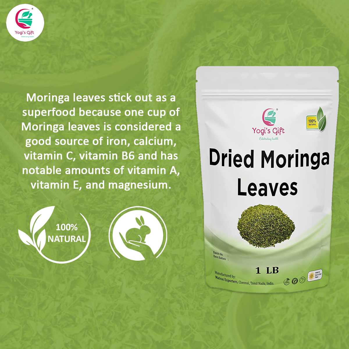 Moringa Leaves Loose 1 LB | Make tea, Springle on Salad, Ground and Use It | 100% Natural Moringa Leaf Only No Stems | Te De Moringa | Yogi's Gift®