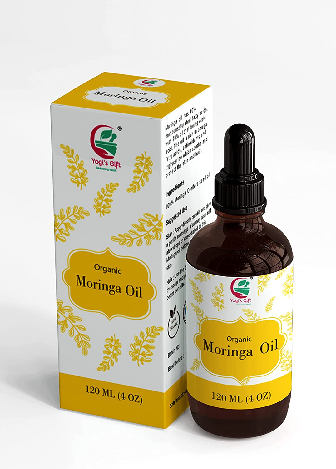 MORINGA OIL / 120ml |100% Pure & Organic Anti Aging Oil | Natural Moisturizer for Face, Skin, Hair and Nails |High and Fast absorption on your skin | by Yogi's Gift ®