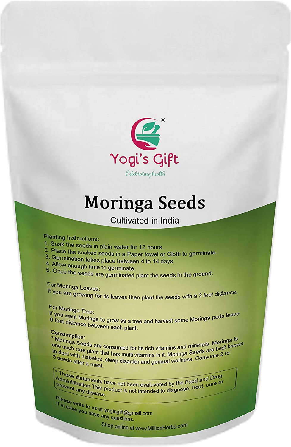 Yogi's Gift - Organic Moringa Oleifera Seeds 10 oz ~Approx 1000 Seeds | Edible & Viable for Germination | Indian Origin | Non-GMO | Graines de Moringa
