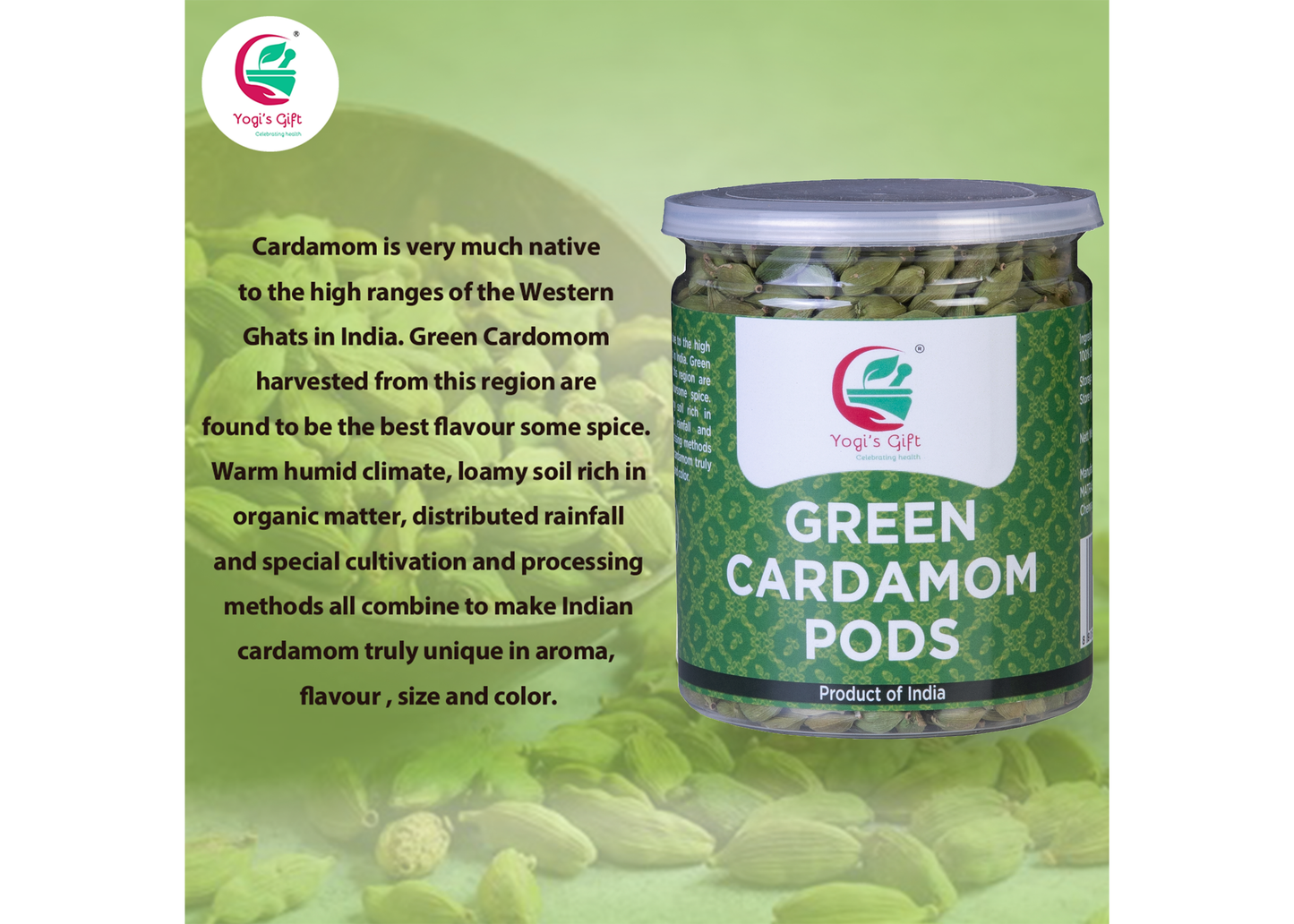 Green Cardamom pods Whole 6 Oz | Flavourful Indian Cardamon Spice | Fresh and Natural | Great for Coffee, Tea, Desserts and Baking | Yogi's Gift®