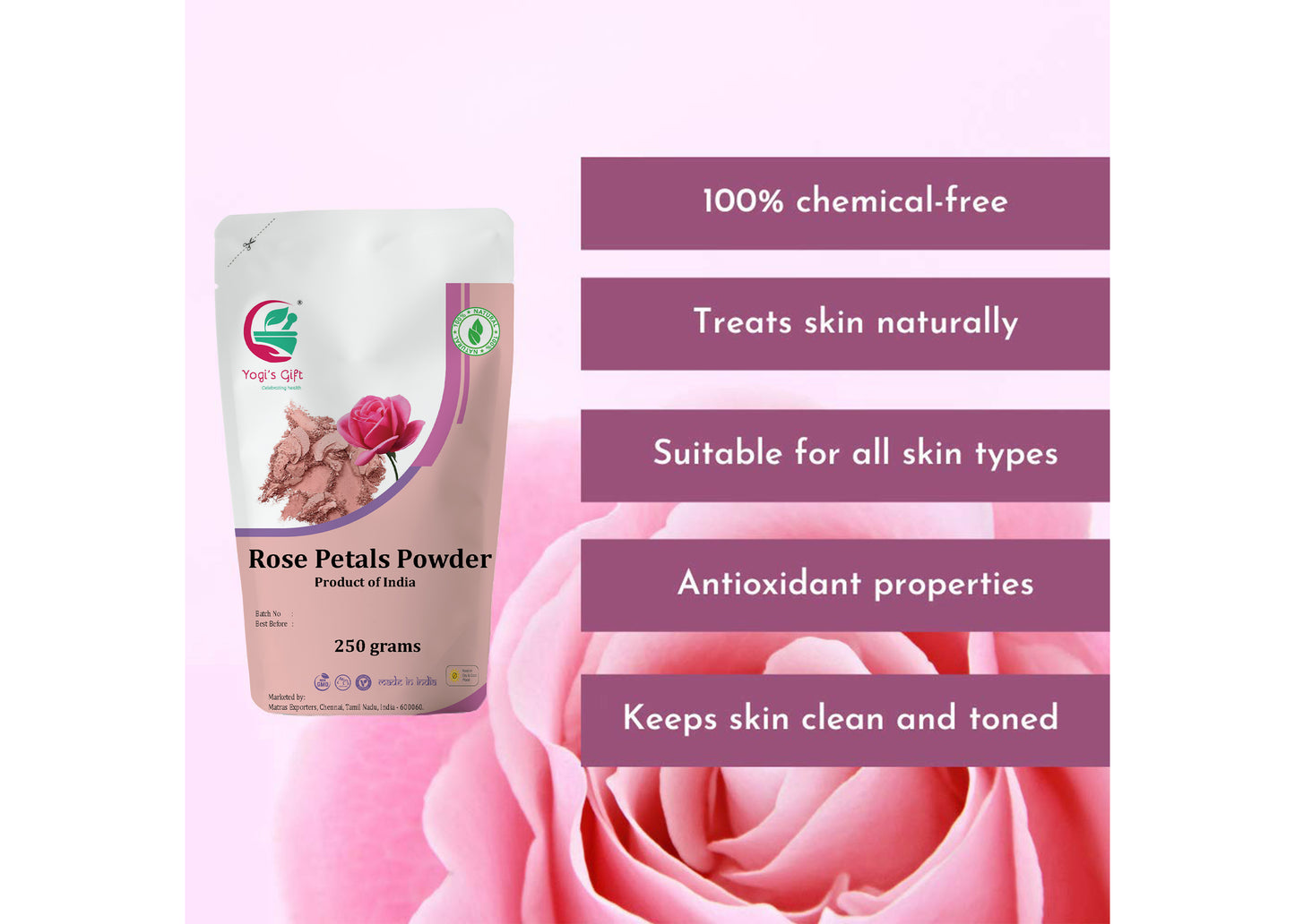 Rose Petal Powder | 250 grams | Make Tea, Smoothies or Lattes | Best Ingredient for face mask | Soothing Fragrance | Excellent Natural Skin Toner | by Yogi’s Gift®