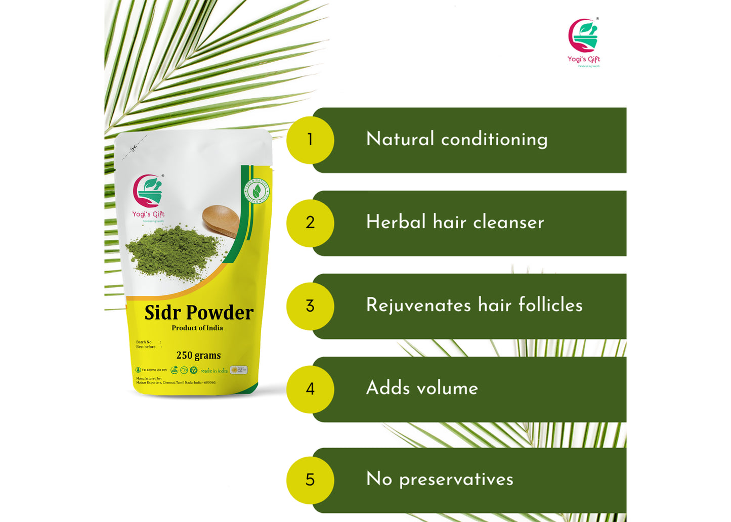 Sidr Powder(Ziziphus Jujuba) 250grams| Natural Herbal Hair Cleanser & Conditioner | Rejuvenates Hair follicles |Soothes and freshens the skin |100% Pure and Natural Sidr leaves powder| by Yogi’s Gift®