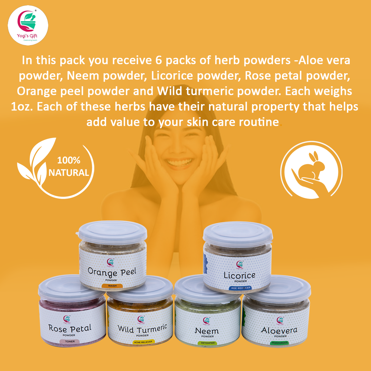 Skin Care Sampler Set 1oz Each  | Six Powders in One Pack | Aloe vera , Rose Petal ,Wild Turmeric , Licorice , Neem & Orange Peel Powders