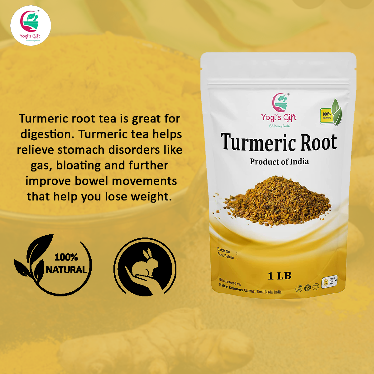 Turmeric root 1 LB | Cut and Sifted Dried Turmeric Pieces | Flavourful Indian Spice | Make Healthy Teas, Smoothies and Lattes | Yogi's Gift®