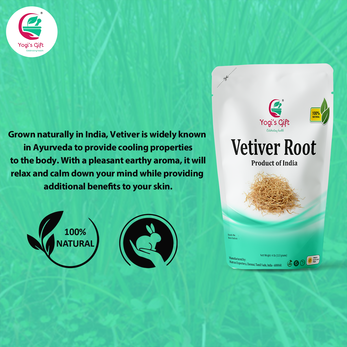 Vetiver Root 4 oz | Great Aromatic Roots | 100% Pure and Natural Mesmerizing Fragrance | Product of India | Non-GMO, Vegan | Yogi's Gift