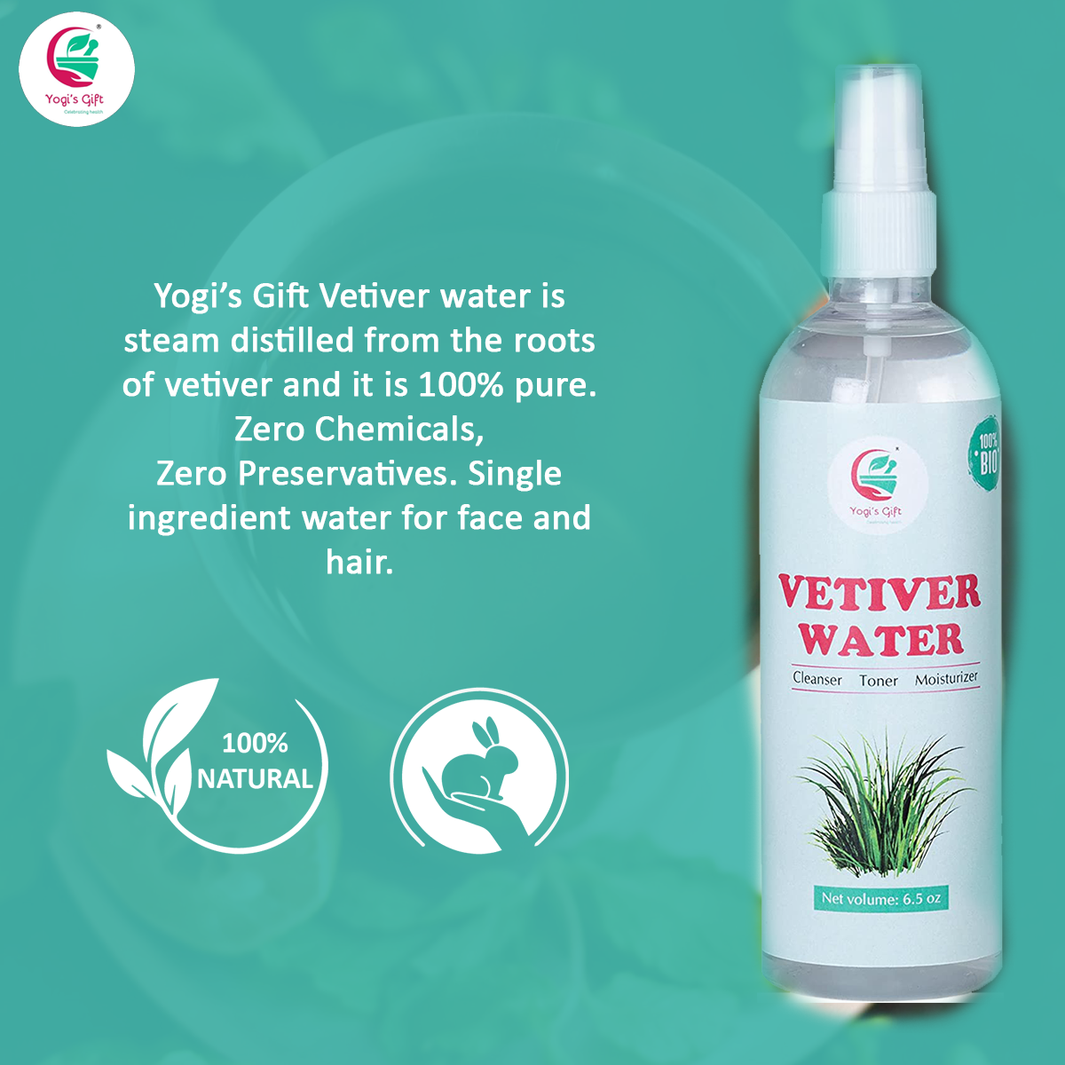 Vetiver Water Facial Toner 6.5oz | 100% Pure Steam Distilled Vetiver Water | Natural Astringent Balances Skin pH | Calm Earthy Fragrance |Yogi's Gift®