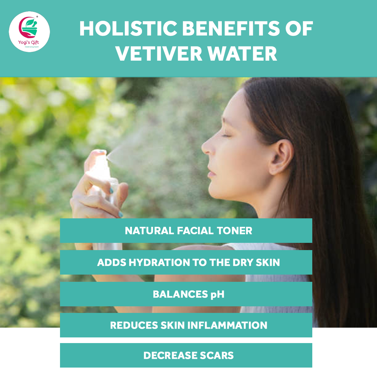 Vetiver Water Facial Toner 6.5oz | 100% Pure Steam Distilled Vetiver Water | Natural Astringent Balances Skin pH | Calm Earthy Fragrance |Yogi's Gift®